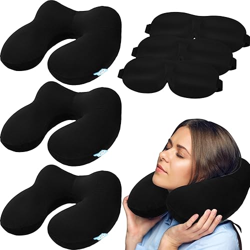 Miniatura 1 de Suzile 3 piezas de almohada inflable de viaje para viajar con 3 máscaras de ojos, 3 tapones para los oídos en forma de U almohada inflable de avión