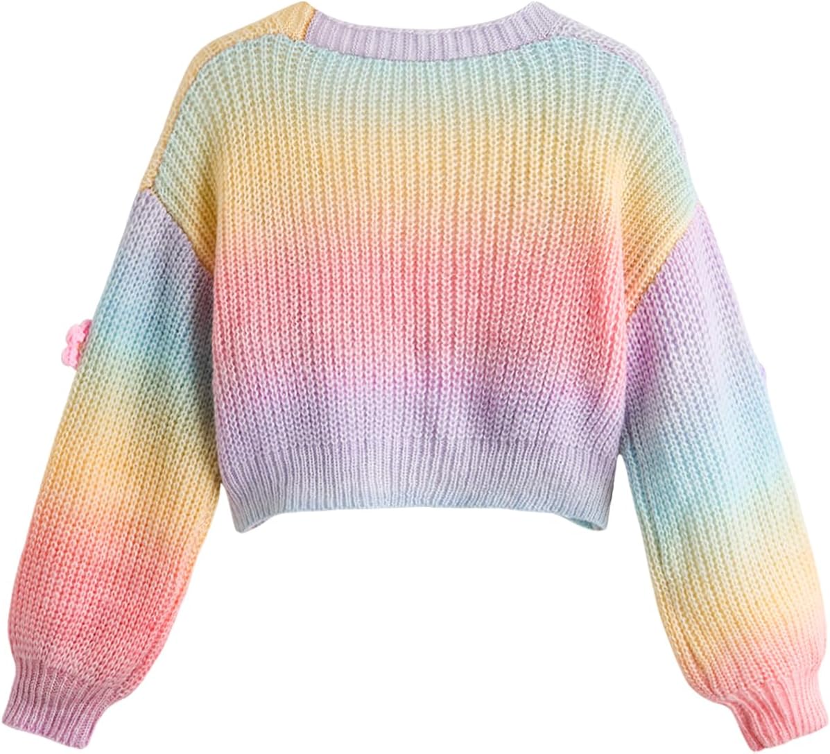 SHENHE Girl's Cute Flower Cardigan Open Front Chunky Knit Colorful Cropped Cardigan Sweater - Image 2