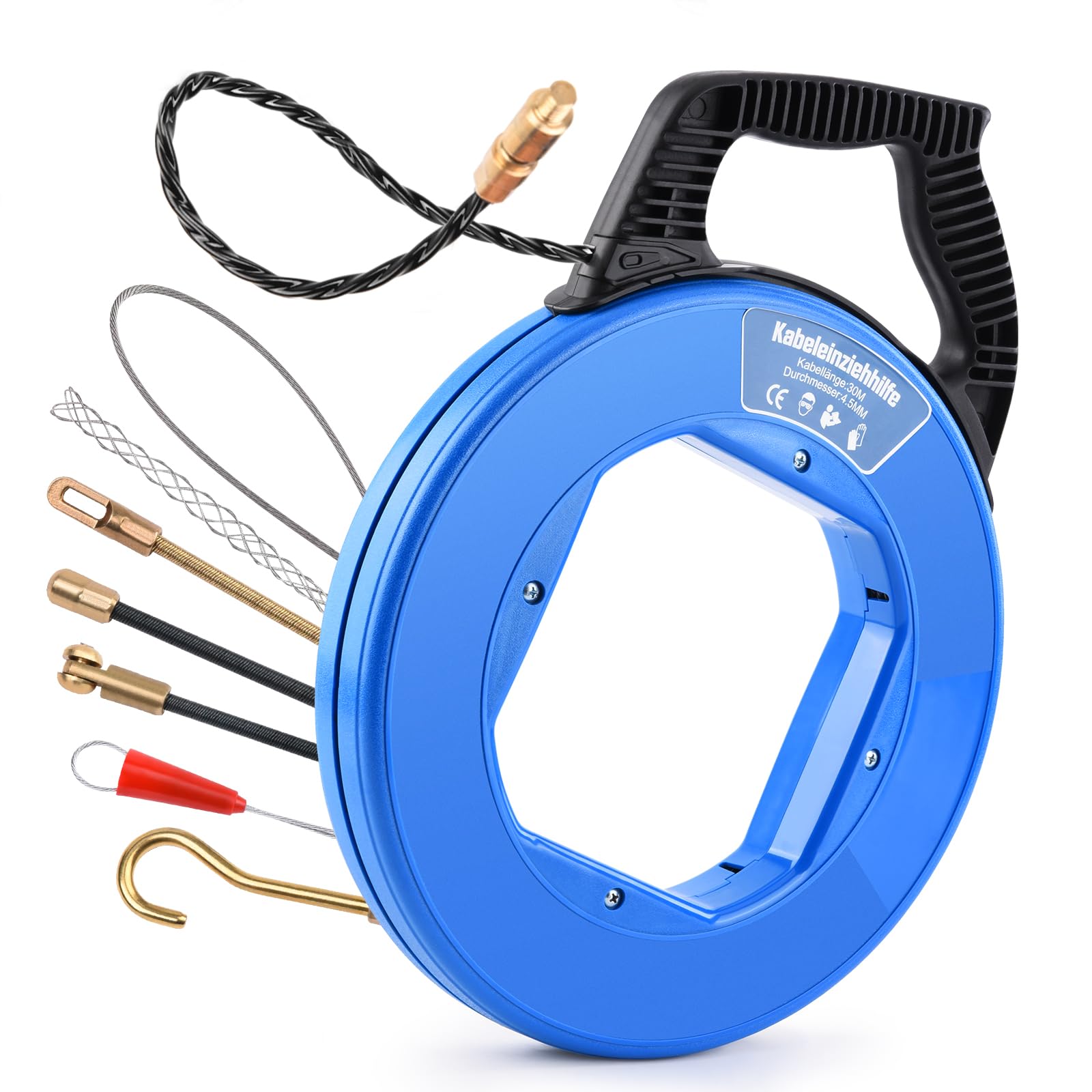 Cable Retraction Aid 30 m, 4.5 mm, Retractable Spiral with 7 Adaptors