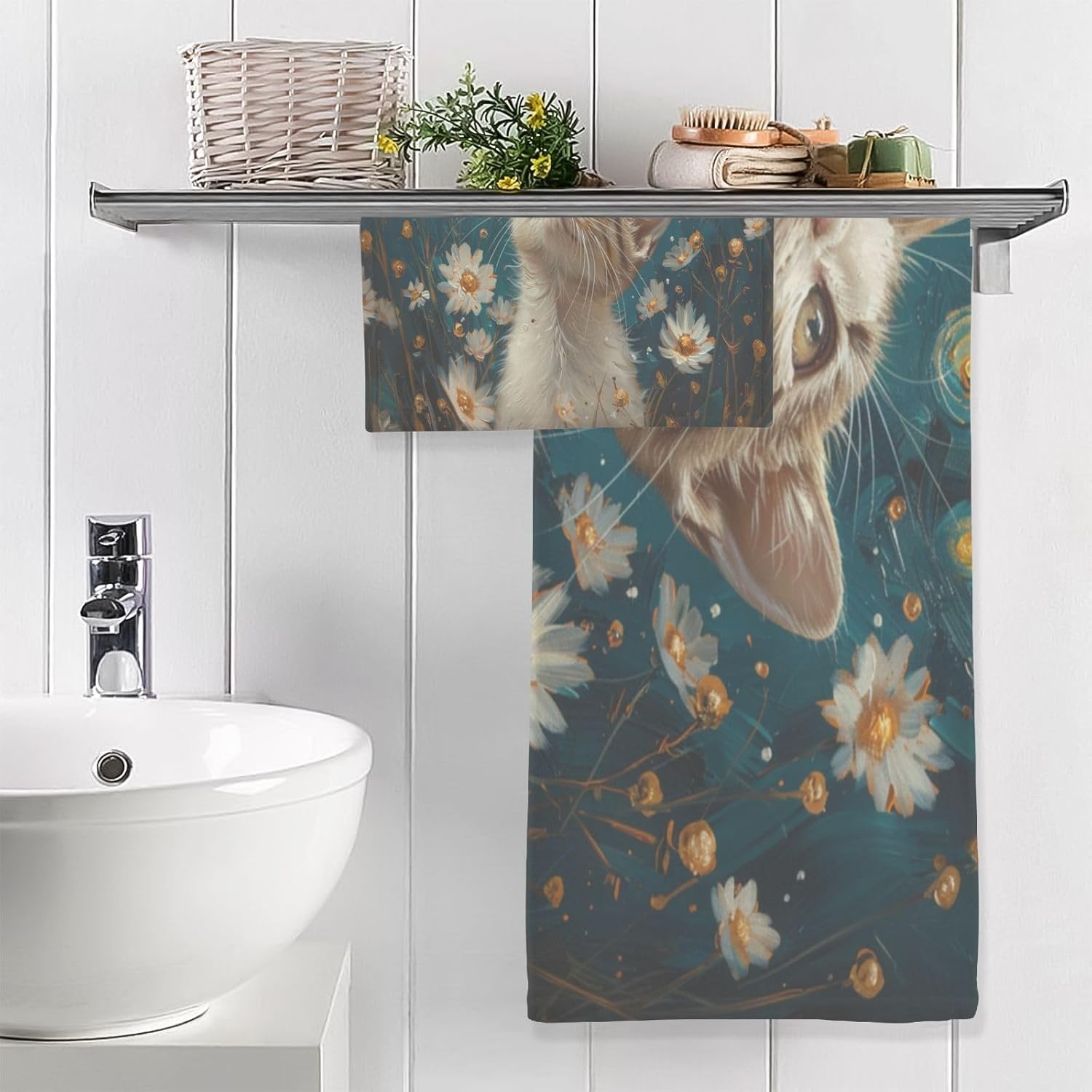 Hand Towels Premium Soft and Highly Absorbent Cat and Daisy 2 Pcs Towels for Bathroom Set 100% Cotton Decorative Face Towels