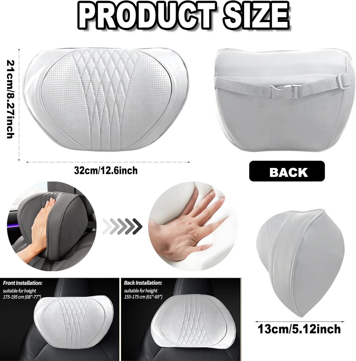 Car Neck Pillow 2-Pack - Premium Memory Foam Headrest with Soft Nappa Leather Feel, Ergonomic Support for Long Drives, Fits Most Vehicles (2, Grey)