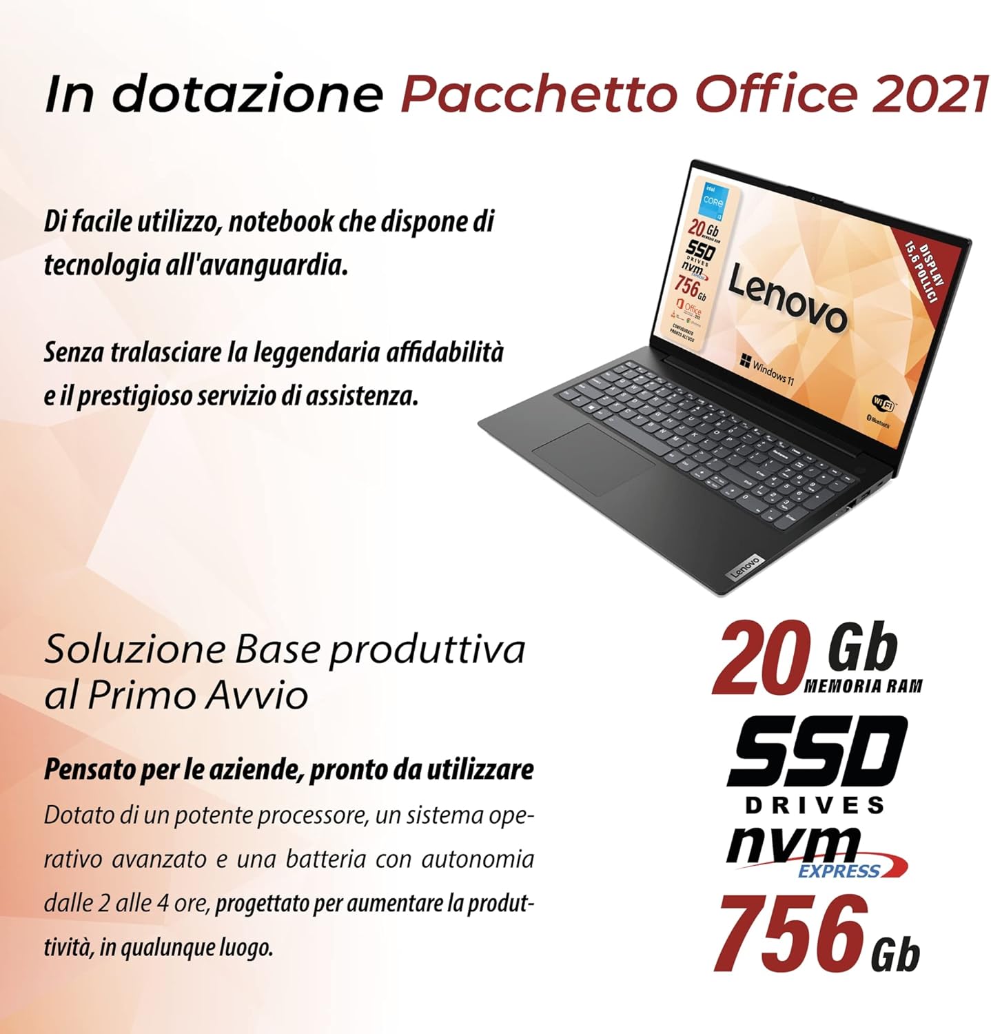 Lenovo, Pc portatile notebook pronto alluso, Display FHD da 15,6, cpu Intel i3 11th, ram 20Gb, sshd 756Gb, windows 11 pro, computer portatile con pacchetto Office 2021