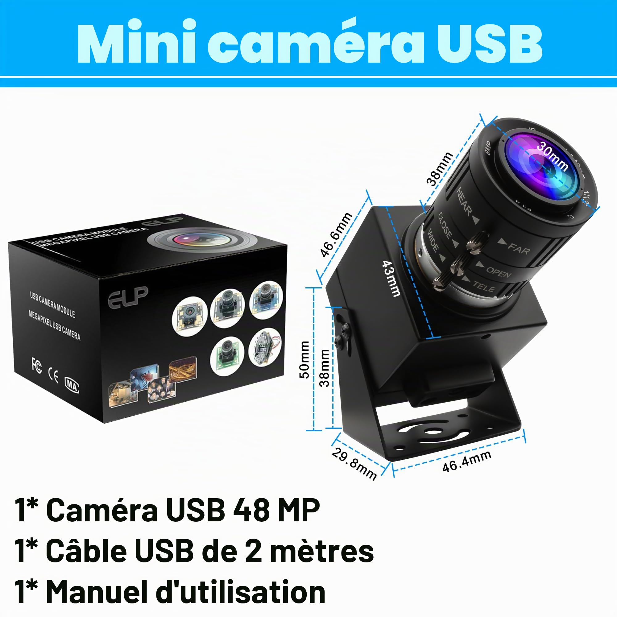 ELP Caméra USB 48 MP 8K Ultra HD USB avec Objectif Zoom Manuel 3,6 à 10 mm 3X Webcam pour Ordinateur Lightburn Caméra Gros Plan pour graveur Laser Plug and Play pour numériser des Documents Gesic
