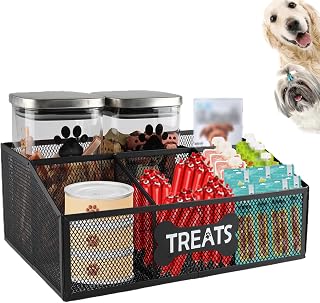 Metal Mesh Dog Storage Organizer,5-Compartments Dog Treat Container for Countertop,Storage Bin for Dog Cat Treats, Ideal for Snack and Can Food-Black