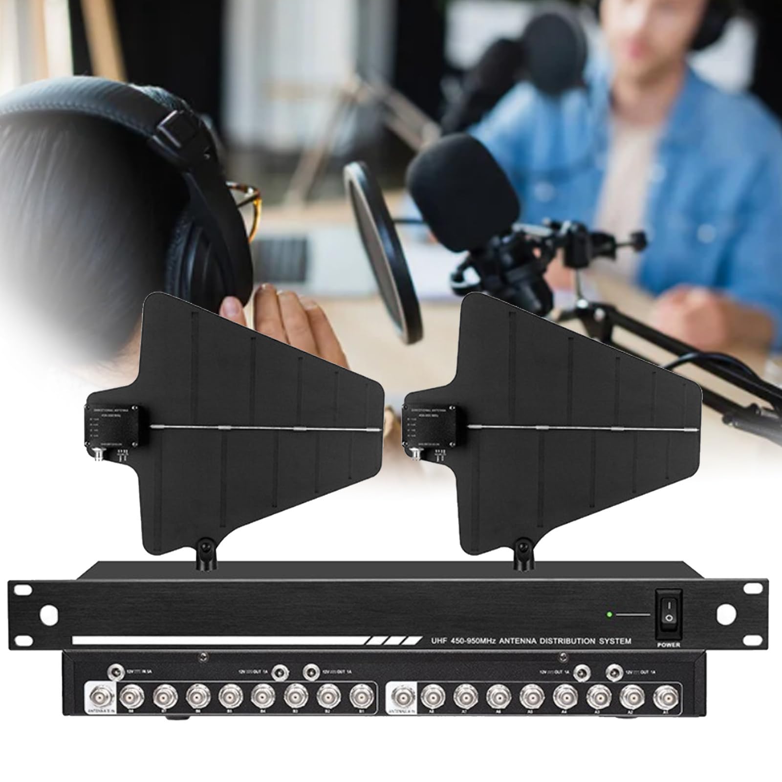 Sistema di Distribuzione Antenna Wireless 8 Canali per Microfoni UHF, Antenna Paddle Attiva con 8 Uscite e 2 Porte Cascata, Amplificatore di Segnale