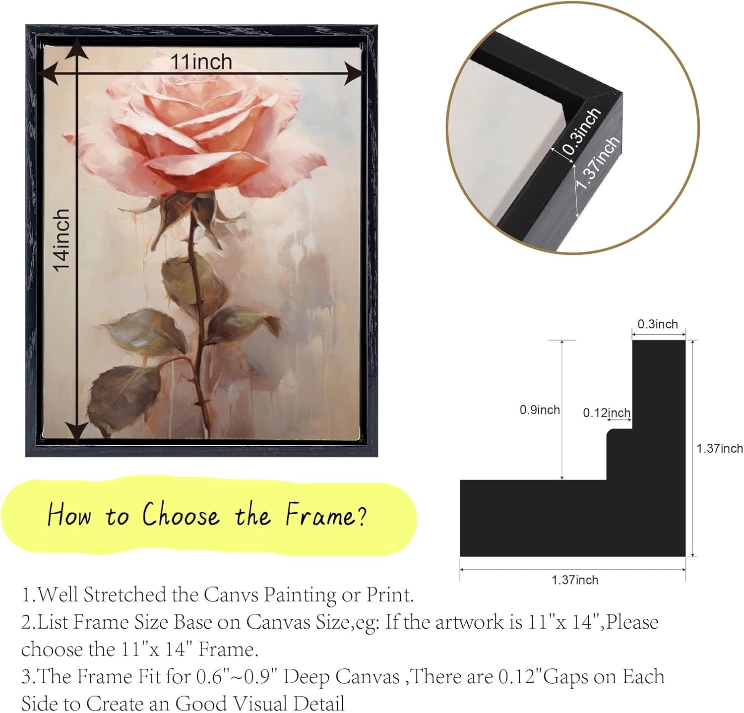 11x14 Canvas Floater Frame for Oil Paintings, 2 Pack Canvas Frames with 0.6"-0.9" Deep for Art Print, Picture Floating Frames,Float Frame for Wall Decor (Black,11"x14")