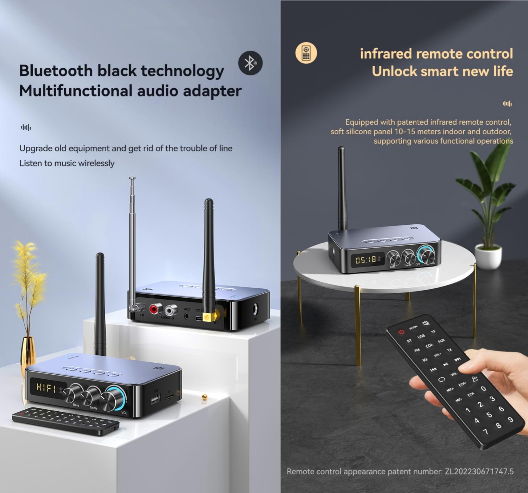 NFC 5.1 Bluetooth Audio Adaptador Bluetooth Receptor Transmisor, with 3.5mm AUX, RCA, 6.5mm Conexión de Micrófono, Radio FM para Auriculares,Altavoces,TVs,Amplificadores,Home Stereos,PCs