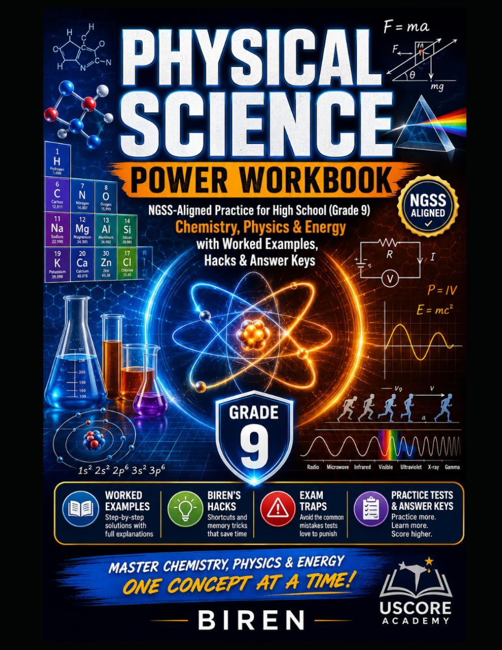 Physical Science Power Workbook: NGSS-Aligned Practice for High School (Grade 9) — Chemistry, Physics & Energy with Worked Examples, Hacks & Answer Keys