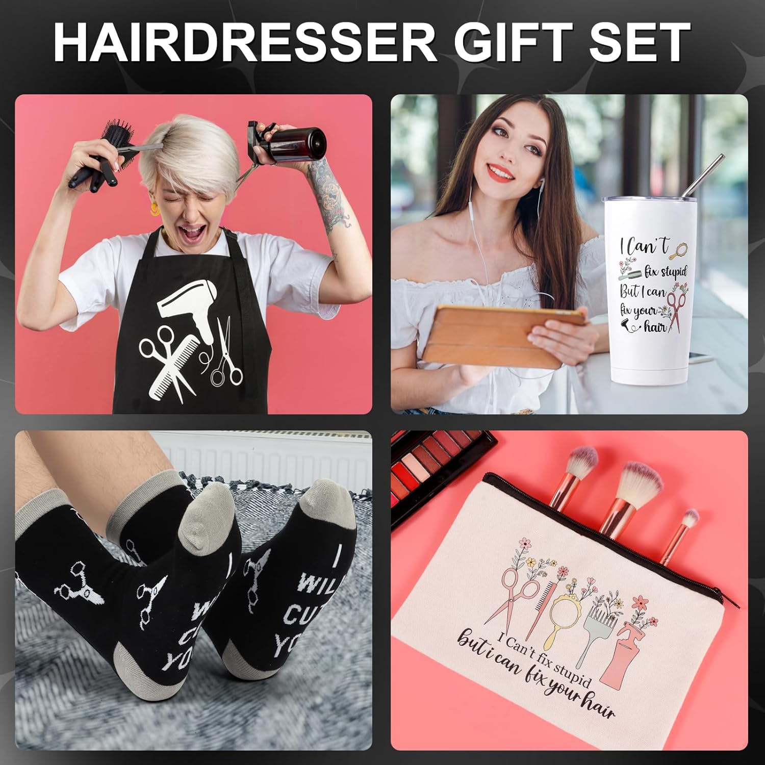 10 Pieces Hairdresser Gifts Set for Women Hair Stylist Appreciation Gift Christmas Gifts Set with Tumbler,Socks,Makeup Bag,Keychain,Candle,Scissor Hair Clips,Apron,Greeting Card (Tumbler Style-2)