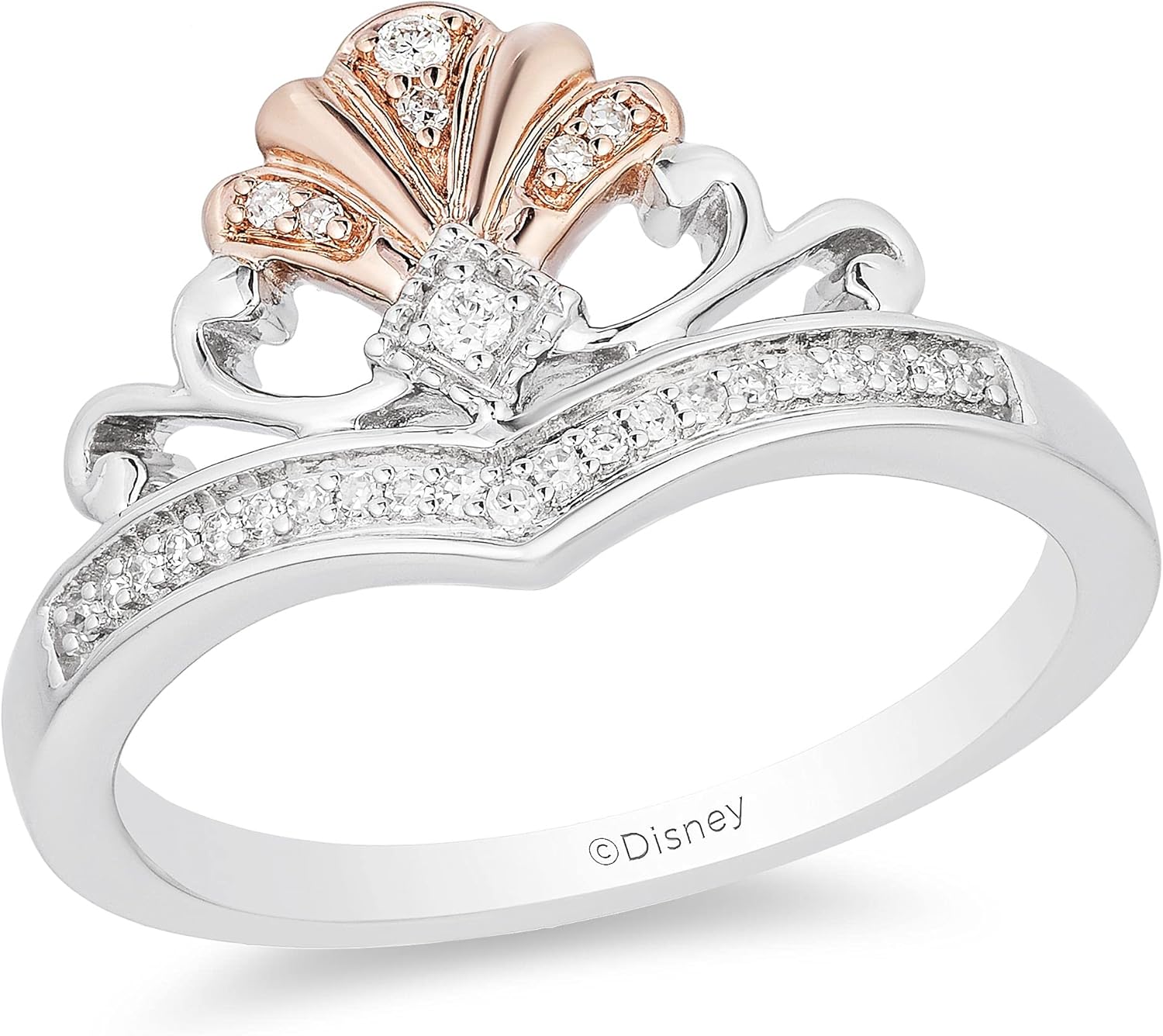 Jewelili Enchanted Disney Fine Jewelry 14K Rose Gold over Sterling Silver 1/10 Cttw Diamond Ariel Shell Tiara Ring