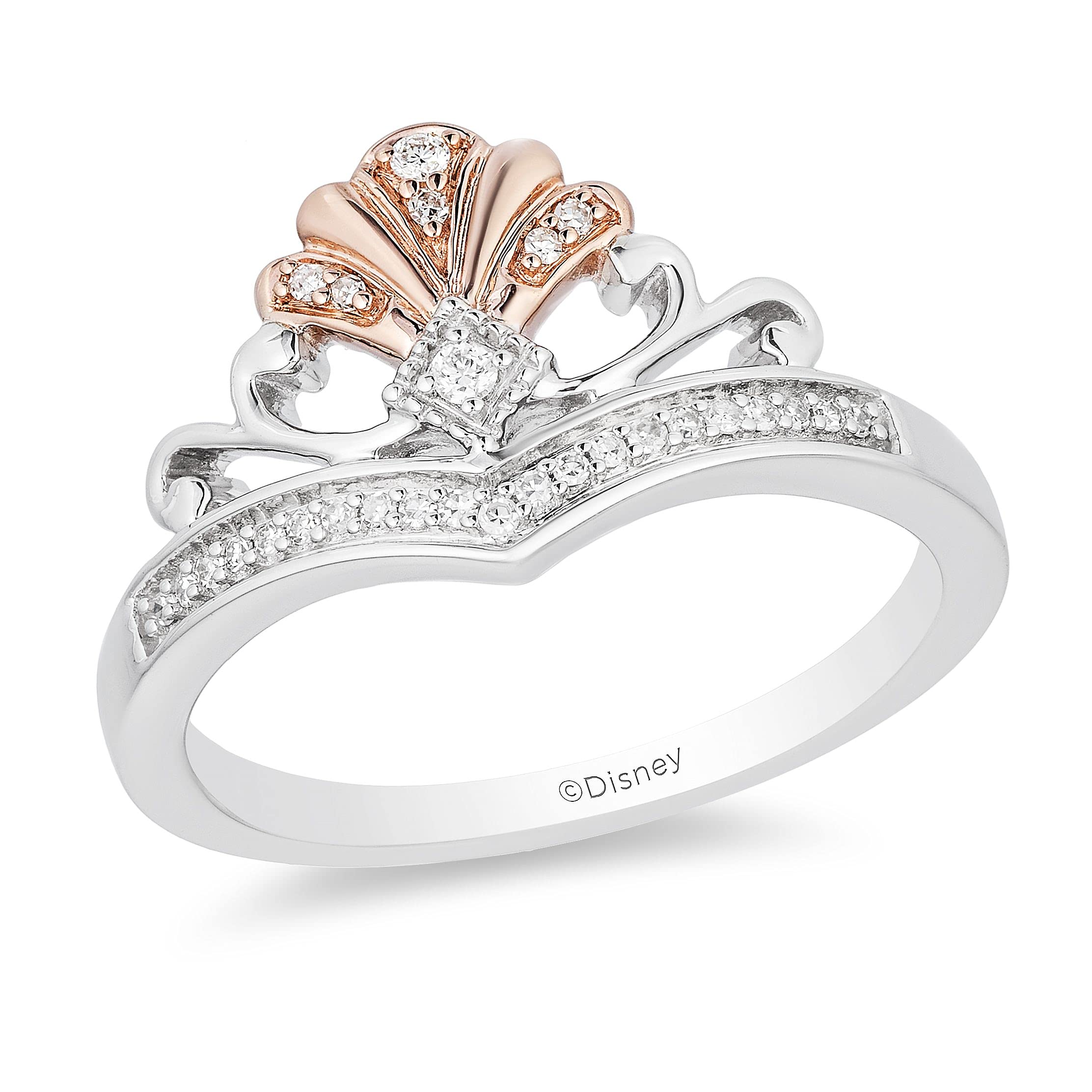 Jewelili Enchanted Disney Fine Jewelry 14K Rose Gold over Sterling Silver 1/10 Cttw Diamond Ariel Shell Tiara Ring