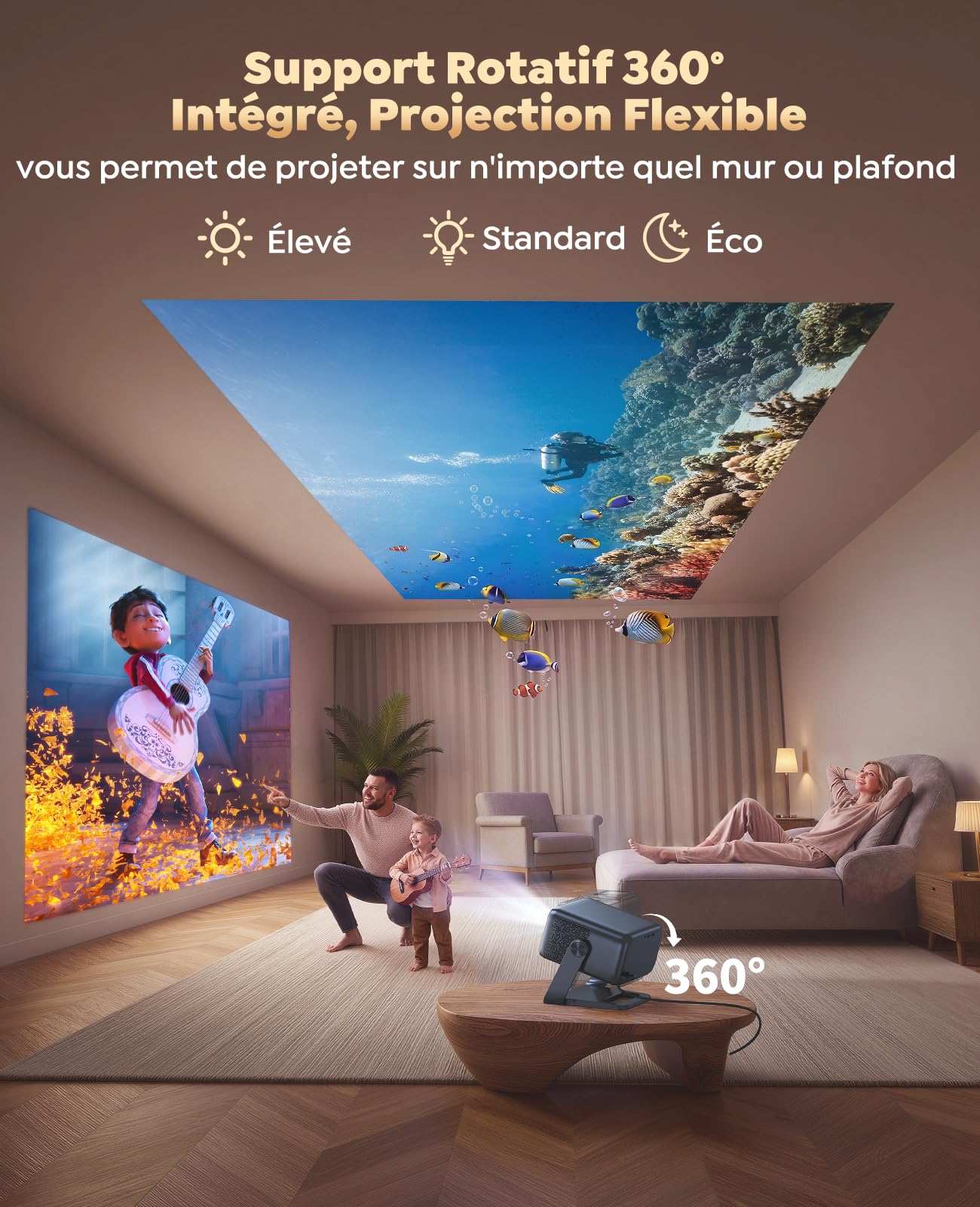 Vidéoprojecteur 4K 1300 ANSI Projecteur Portable 4K Courte Focale Auto Focus/Keystone Rotatif 360°, 36W Speaker, Contrôle Vocal, HDR10 Rétroprojecteur WiFi6 Bluetooth FHD 1080P Home Cinéma