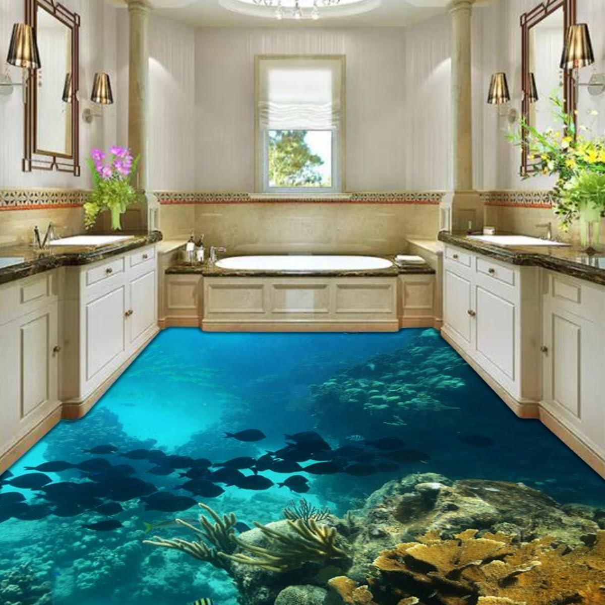 ECYC 3D Ocean Wall Decals, 3D Water Waves Beach Ocean Waterproof Creative Floor Tiles Painting Murals Sticker for Home Bedroom Living Room Decoration