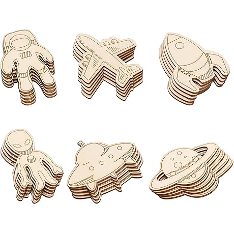 32 Pack Wood Outer Space Cutouts: DIY Space Craft Ornaments for Parties and Projects