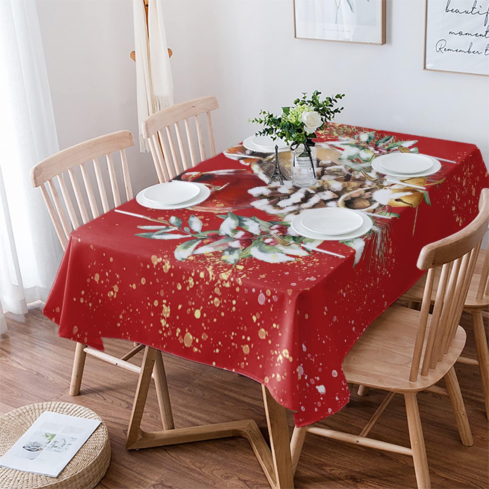 Rectangle Table Cloth 60x84 Inch Waterproof Spill Proof Tablecloth Soft Polyester Table Cover Washable Table Cloths for Parties Wedding Dining Room - Christmas Robin Bells and Pine Branches Red