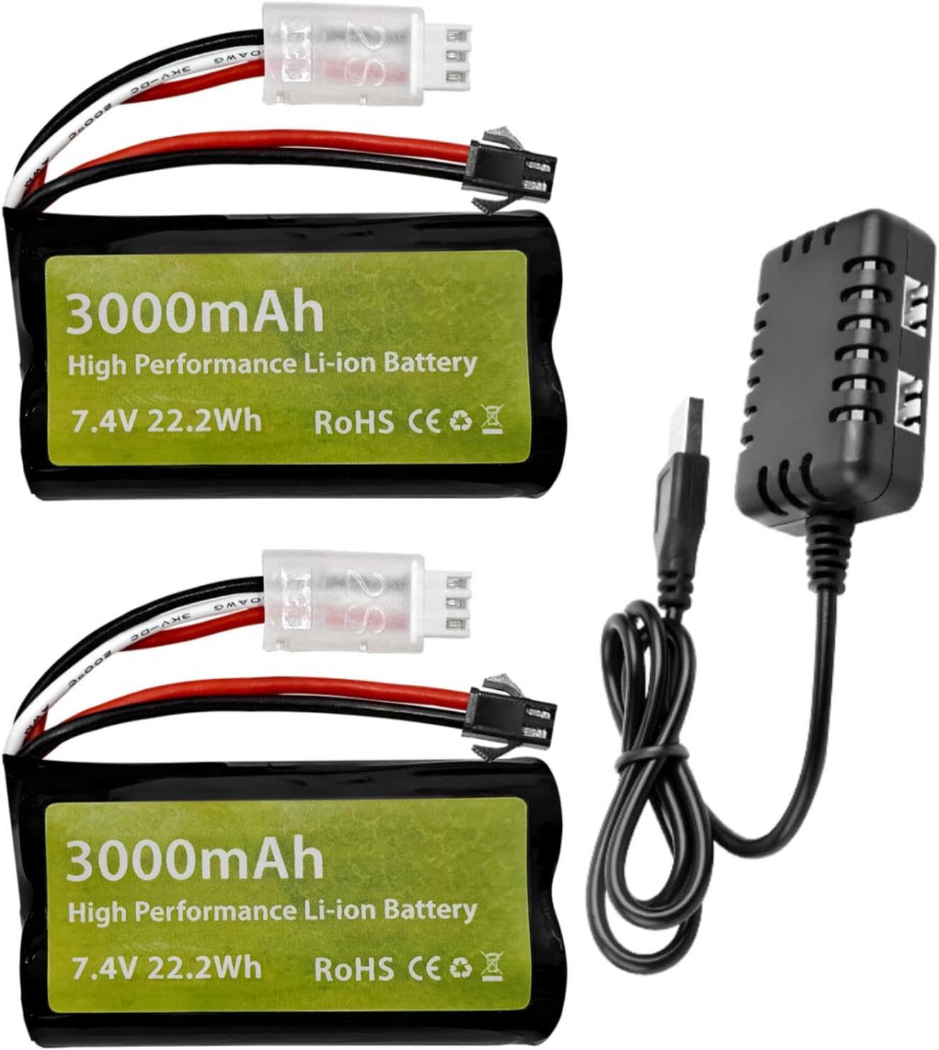 2PCS 7.4V 3000mah 15C 2S SM-2P Plug Li-ion Battery with 2-in-1 Charger for H105 H103 H101 RC Ship,MN D99 D99s D90 D91 RC Car,Truck RC Boat Engineering Vehicle Backup Battery