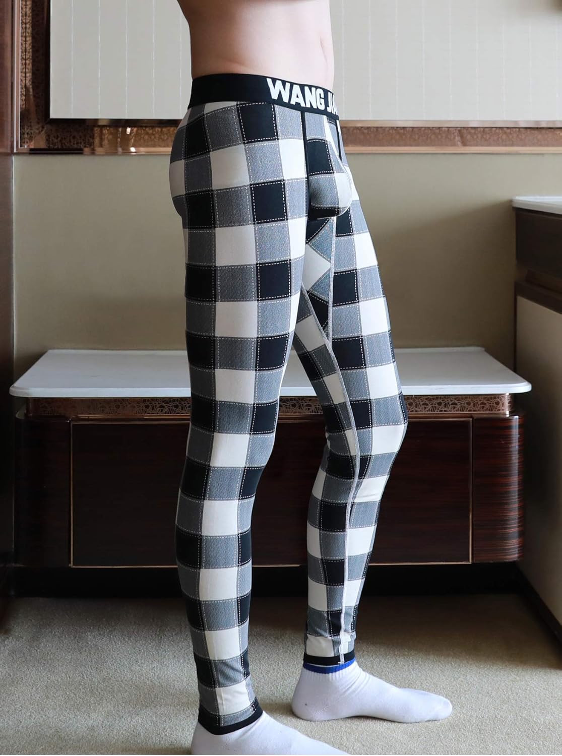 Men's Low Rise Leggings Long Johns Thermal Pant Plaid Black XX-Large