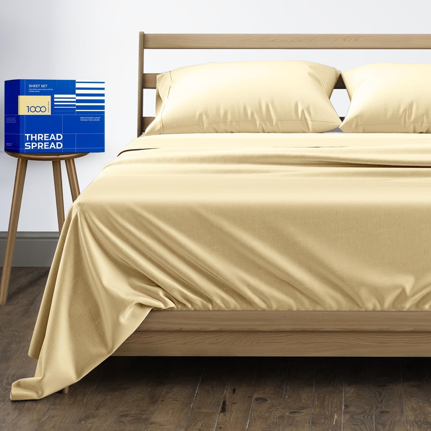 THREAD SPREAD 100% Egyptian Cotton Queen Sheet Set - High Thread Count Sheets Queen Size Bed Set (4 PC, Sand), Soft, Cooling, 16" Deep Pocket Extra Long Staple Sateen Weave Luxury Hotel Bed Sheet