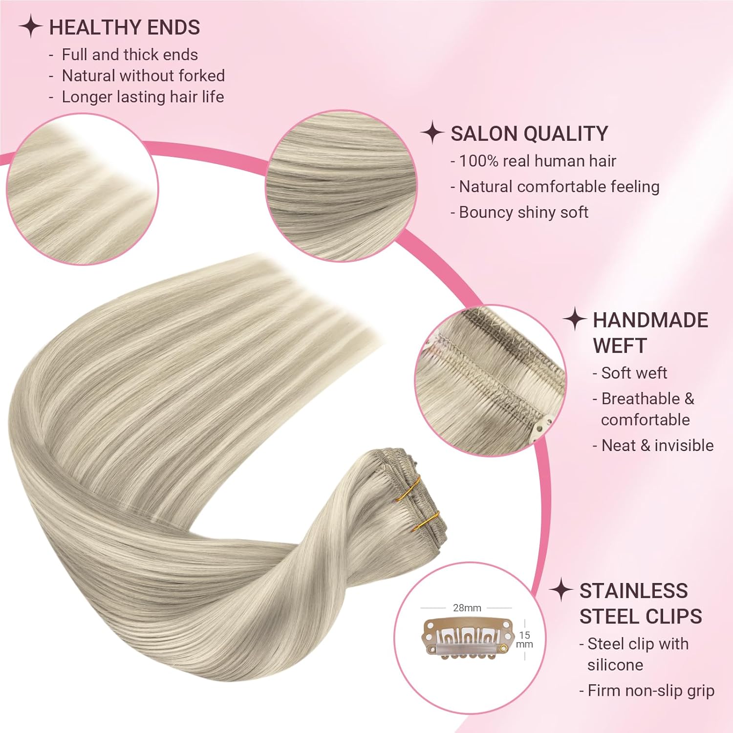 MAXITA Clip in Hair Extensions Real Human Hair 100% Remy Hair Extensions Clip ins Double Weft for Women,Natural Human Hair,16inch 120g 7Pcs,Ash Blonde Highlighted Platinum Blonde