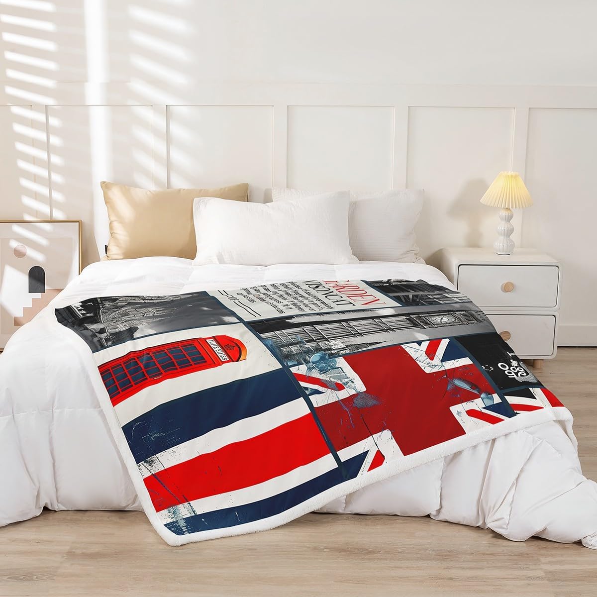London Fleece Blanket - Romantic City Building Throw for Teens & Boys, United Kingdom Tower Bridge Plush Blanket - Red Telephone Booth Union Jack Flag Sofa Decor - 90"x90"
