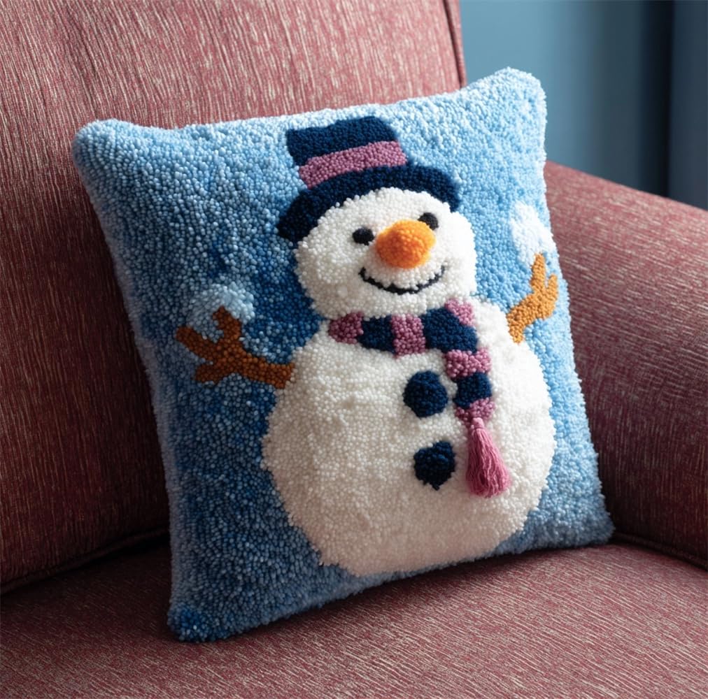 kitphoenix Pillow Latch Hook Kit Snowman Pattern Rug Canvas Knit Cushion Embroidery 17"X17" (43X43 Cm) Carpet Crocheting