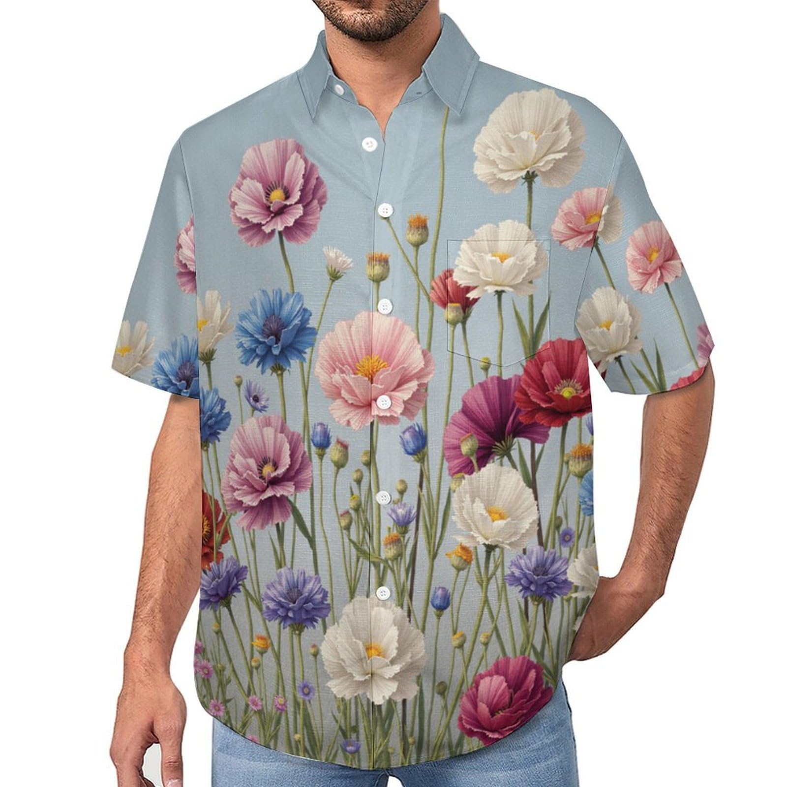Camicie a Maniche Corte da Uomo - Camicie da Spiaggia con Stampa Fiori di Campo Dipinti A Mano, Funky Estiva Cool Camicia Hawaiana Monopetto Camicia S-5XL