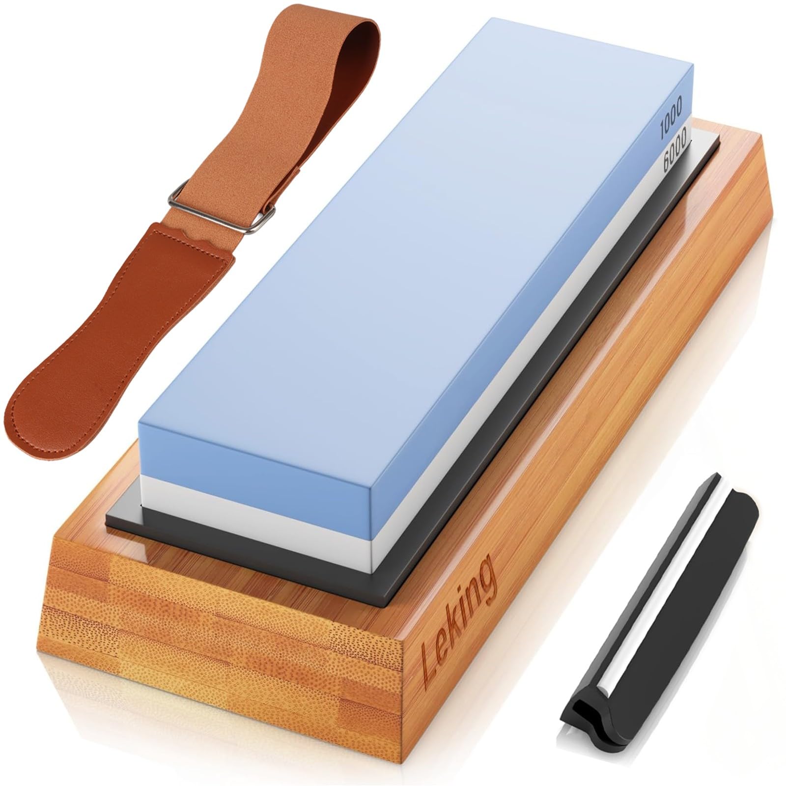 Knife Sharpener & Sharpening Stone Set: 1000/6000 Grit Dual-Sided Whetstone