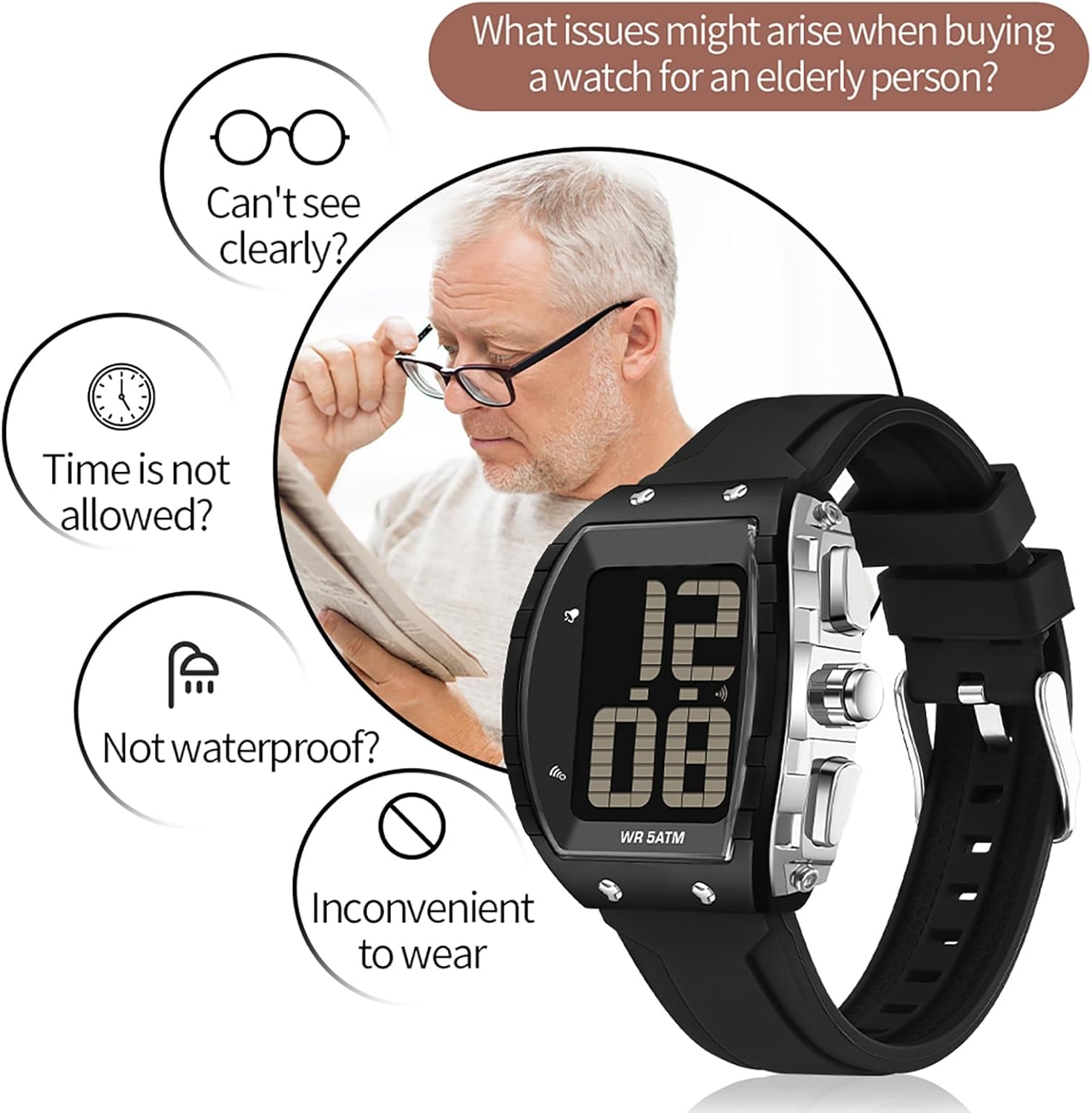 findtime Digital Watches for Elderly Men, Large Face Voice Talking White Watch with English Speaking LED Backlight Big Number Easy to Read Timer Alarm 5ATM Waterproof