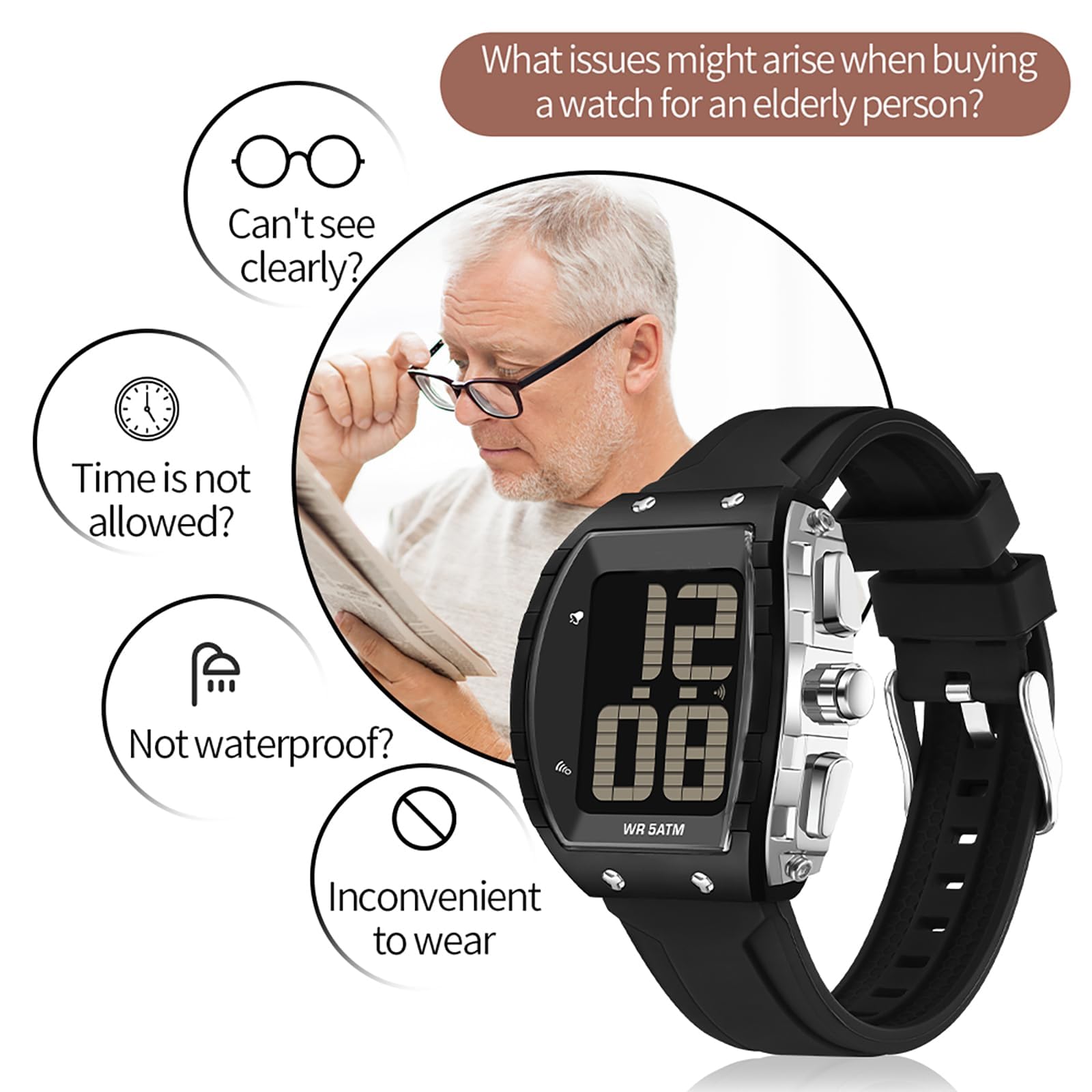 Relojes digitales para hombres mayores, reloj blanco con voz de habla grande con retroiluminación LED de habla inglesa, número grande, fácil de leer, temporizador, alarma, 5 ATM, resistente al agua