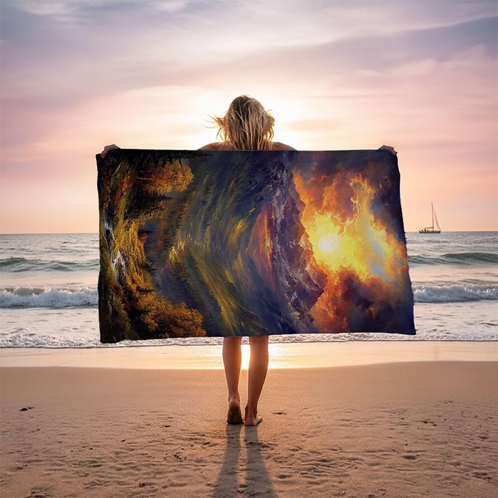 Strandtuch Berg Strandtuch XXL 100x220CM mit Weich & Hautfreundlich als Saunahandtuch Fitness Handtuch Pool Gym Handtuch Badetuch Sporthandtuch für Camping Travel Essentials Sonnenuntergang LSTJ-2199