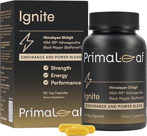 Suplemento de energía y rendimiento Ignite con Shilajit, KSM-66 Ashwagandha y zinc Fuerza, resistencia y recuperación muscular 60 cápsulas