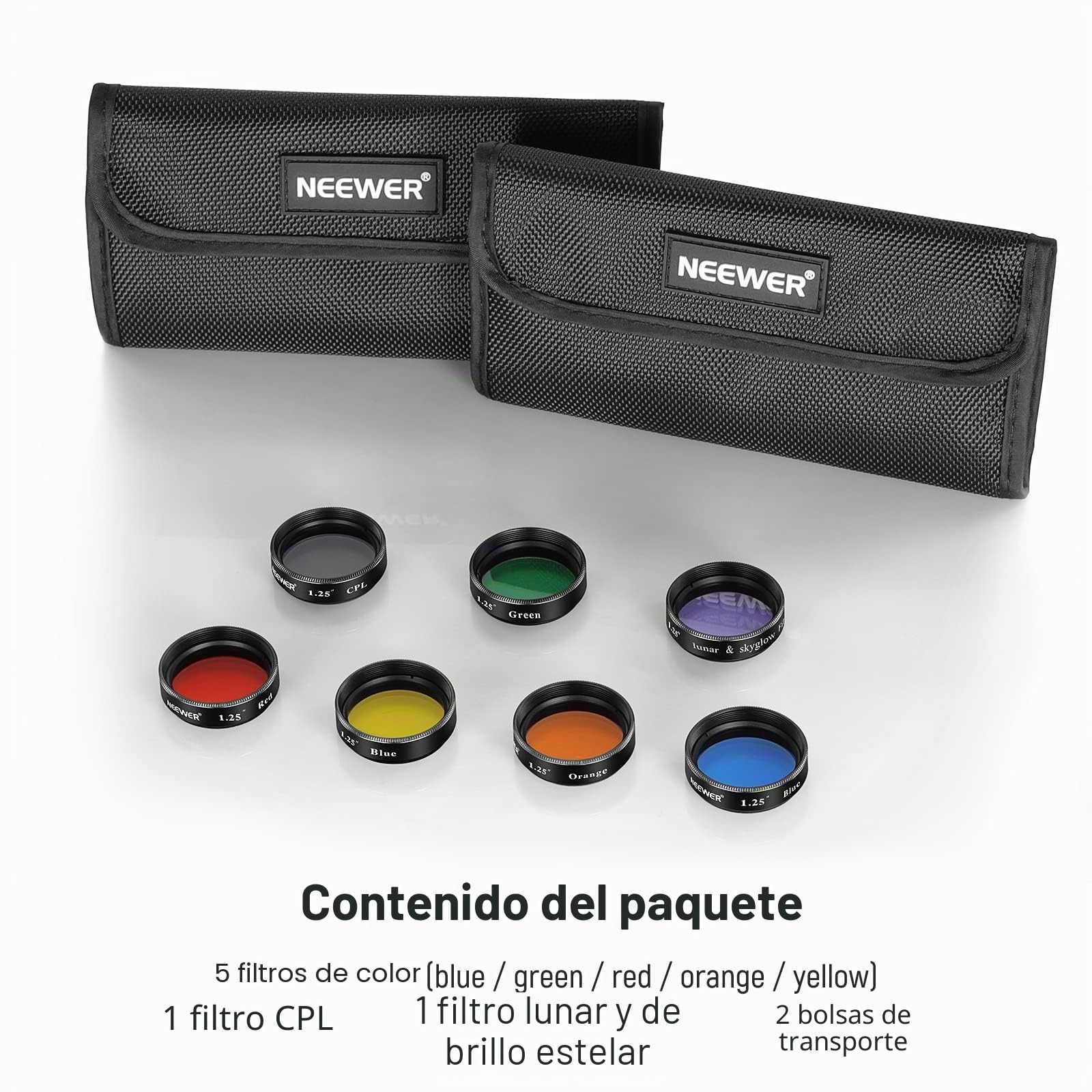 NEEWER Juego de 7 Filtros de Telescopio de 1,25", Que Incluye 5 Filtros de Color (Rojo/Naranja/Amarillo/Verde/Azul), Filtro Lunar Starglow, Filtro CPL para Observación Lunar y Astrofotografía