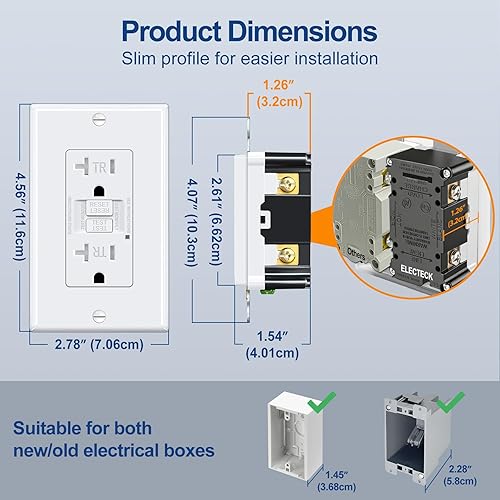 Vista 23 de ELECTECK Paquete de 10 salidas GFCI de 20 amperios, a prueba de clima al aire libre (WR), receptáculos GFI de autoprueba con indicador LED