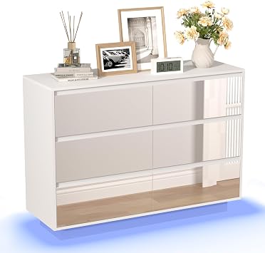 UEV 6 Drawer Chest with Mirror Front, 100cm   Spacious Storage Cabinet for Bedroom, Hallway & Living Room, Modern Contemporary Design, White, 100 x 34 x 72.5 cm