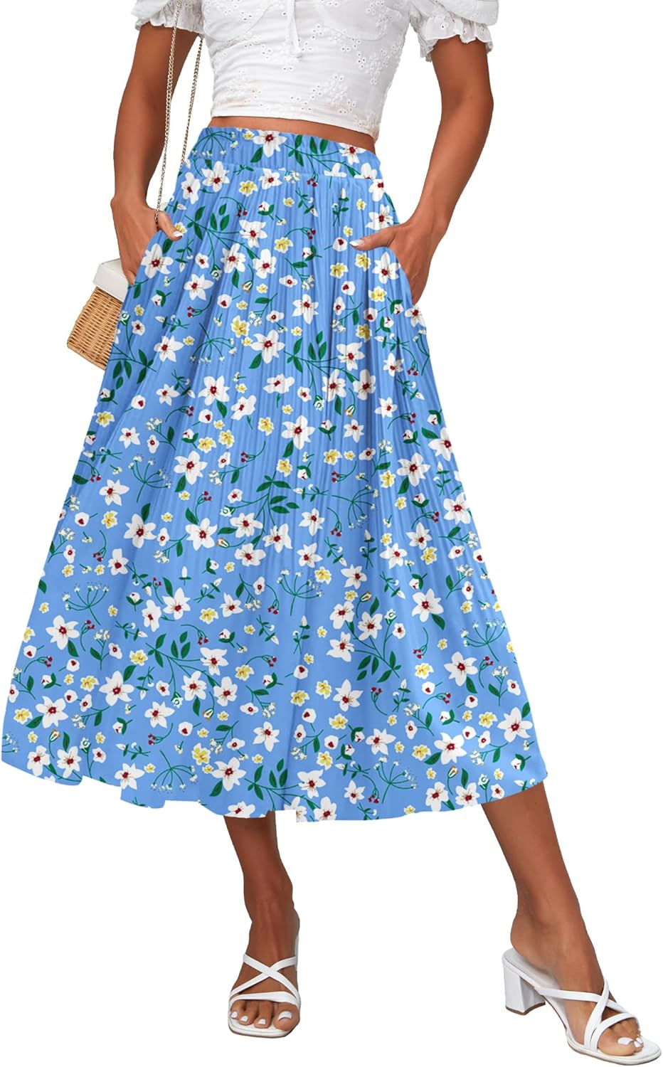 Zeagoo Women's Midi Skirts High Waisted Pleated A-Line Swing Skirts Summer Floral Long Skirts with Pockets