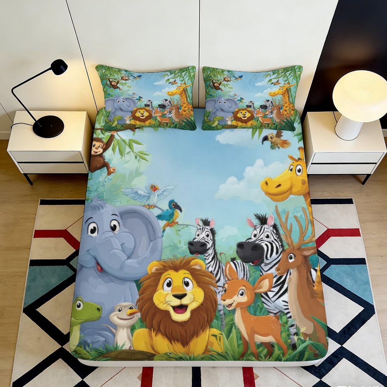 3D Printed Jungle Animal Fitted Sheet Microfiber Soft Breathable Safari Wildlife Bed Cover for Bedroom Dorm Decor 90x200x25cm