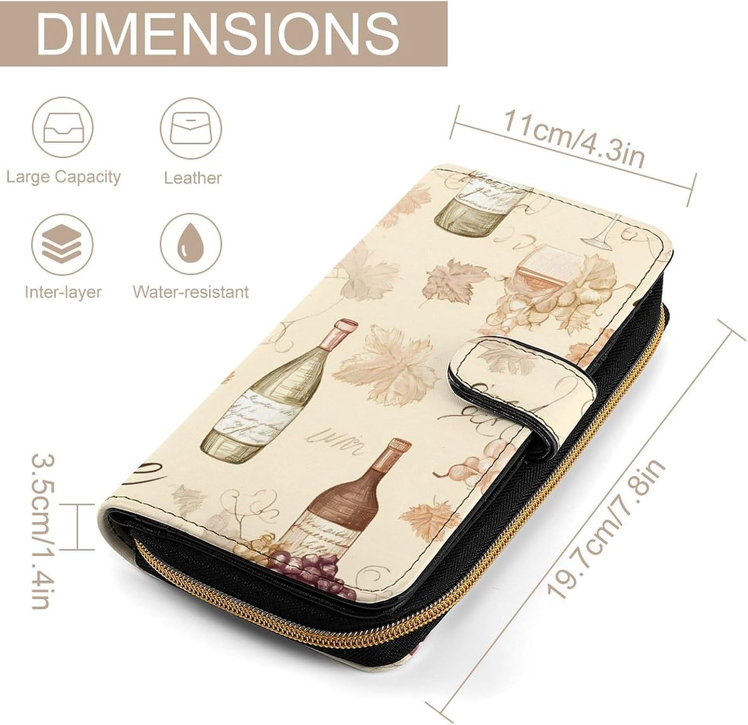 Wine Glasses Grapes Vintage Leaves Womens Leather Wallet Travel Purse Clutch Large Capacity with Card Holder