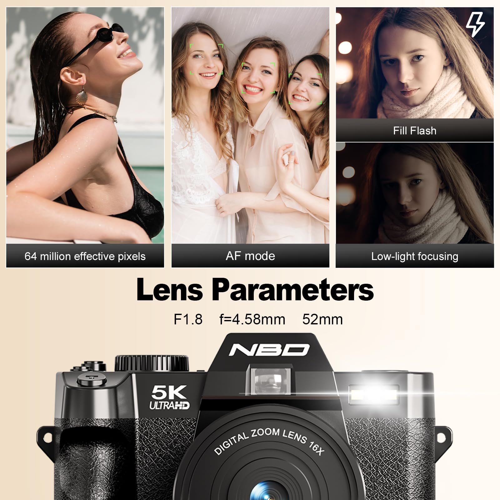 NBD 5K Digital Cameras for Photography - 16X Zoom Travel Camera with 180° Flip Screen, 64MP Vlogging Cameras Fotograficas for YouTube, Auto Focus, Macro Lens, 2 Batteries & 64GB TF Card（Black）