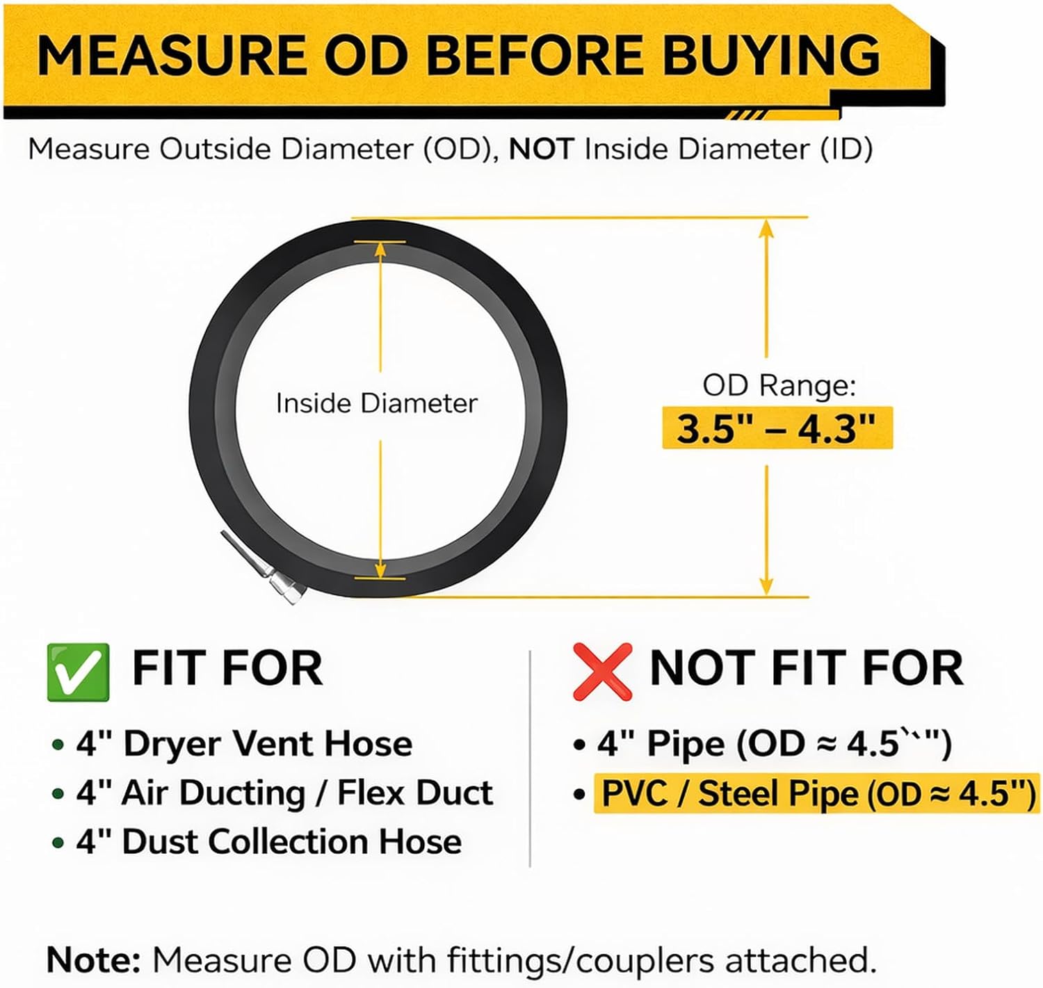 4 Inch (Diameter) Hose Clamp, 304 Stainless Steel Quick-Screw Dryer Vent Clamp, Adjustable 3.5″ to 4.3″ Worm Gear Hose Clamps for Air Ducting, Dust Collection, Automotive, 4 Pack