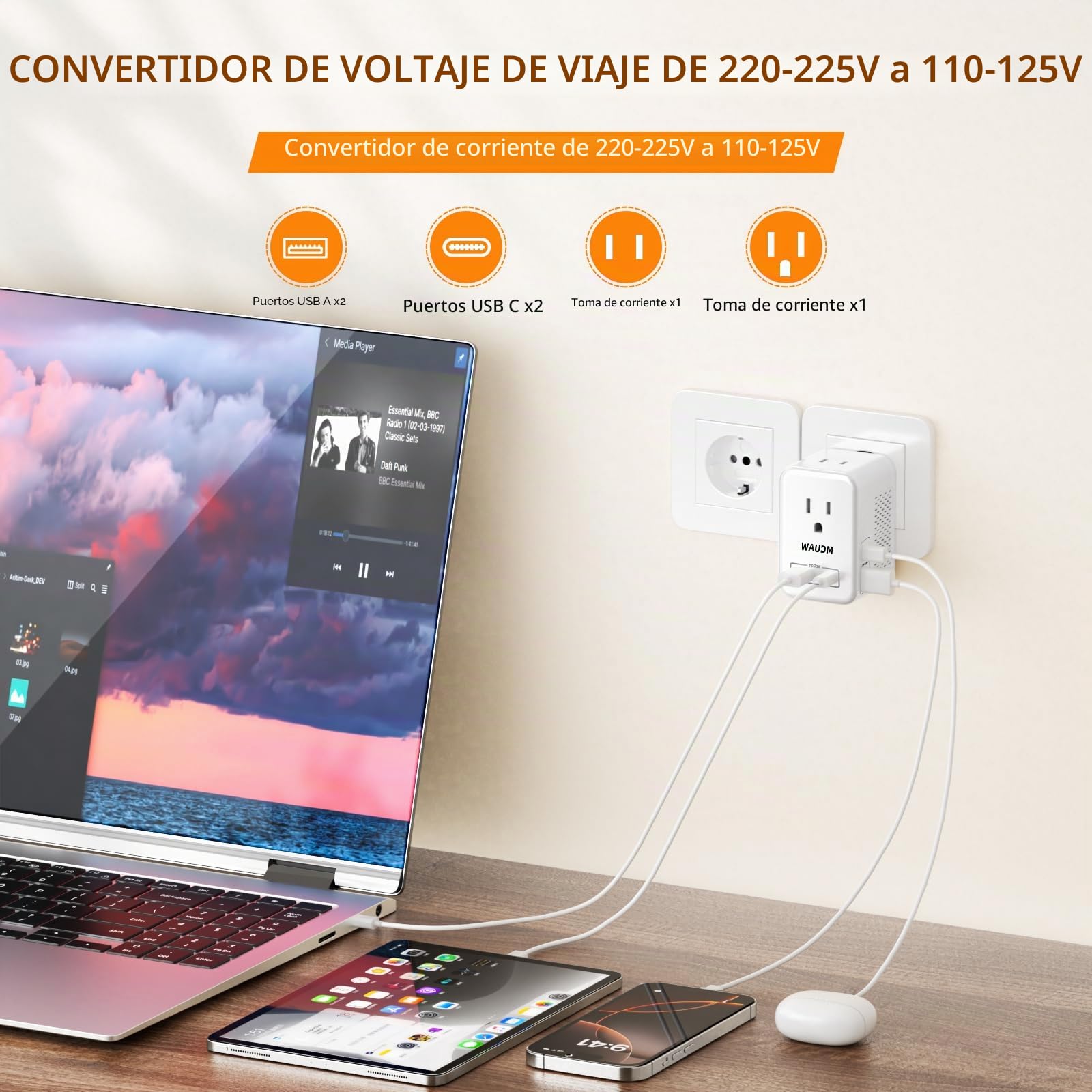 Convertidor de voltaje de 220 V a 110 V, 20 W PD, reduce 220 V a 120 V, convertidor de viaje de Estados Unidos a Europa para más de 80 países, incluyendo la mayoría de países europeos, Francia