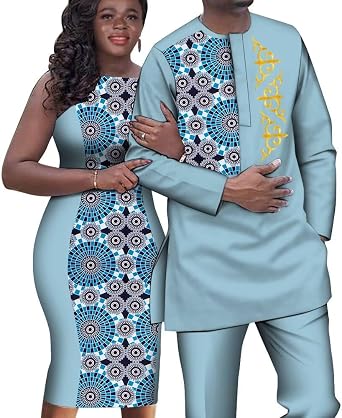African Couple Outfits Women Sleeveless Dresses and Dashiki Men Shirt and Pant Set Patchwork Lovers African Clothes