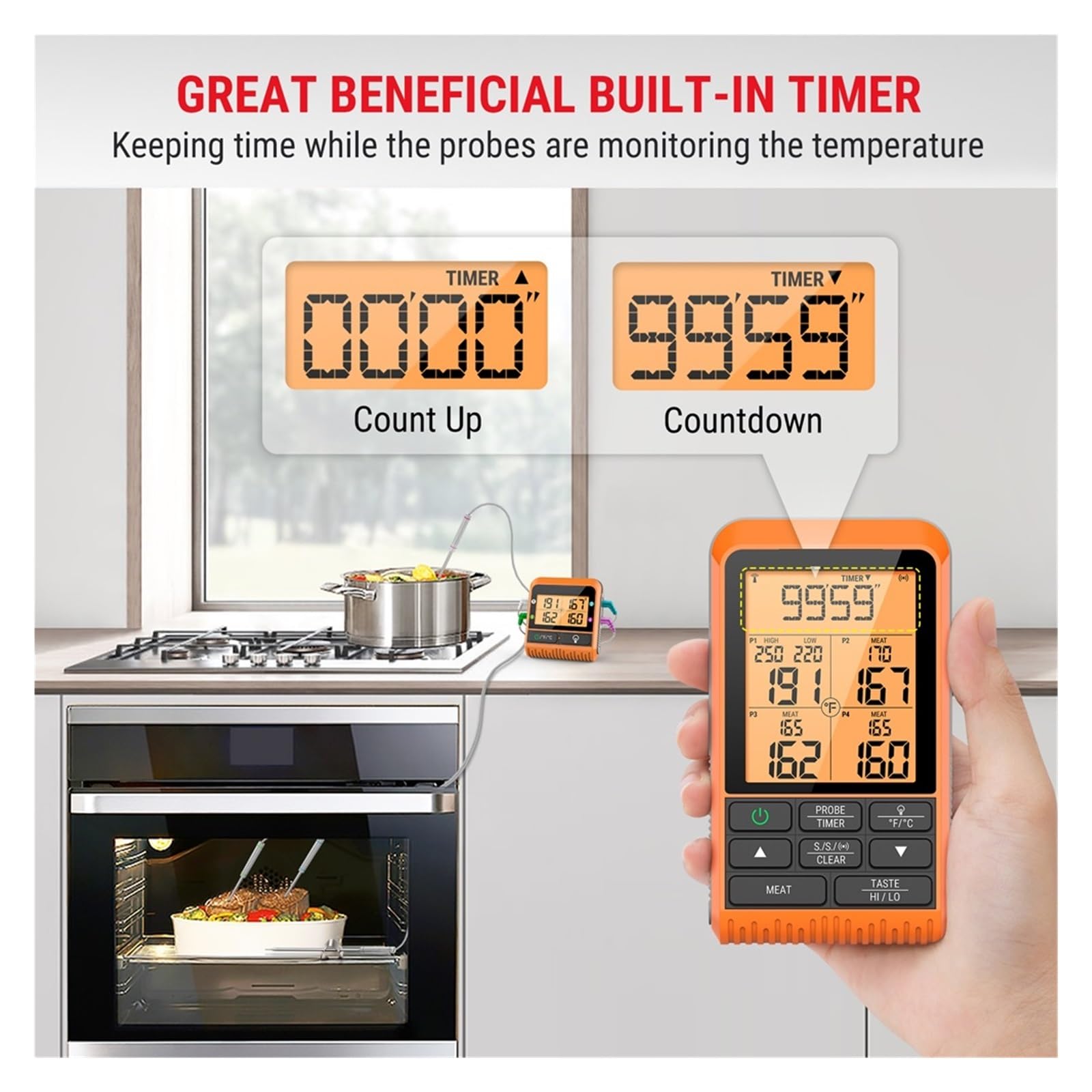 300M Wireless 4 Sonde Retroilluminazione Con Timer Barbecue Grill Forno Cucina Cottura Termometro Carne Preciso Veloce Monitoraggio In Tempo Reale