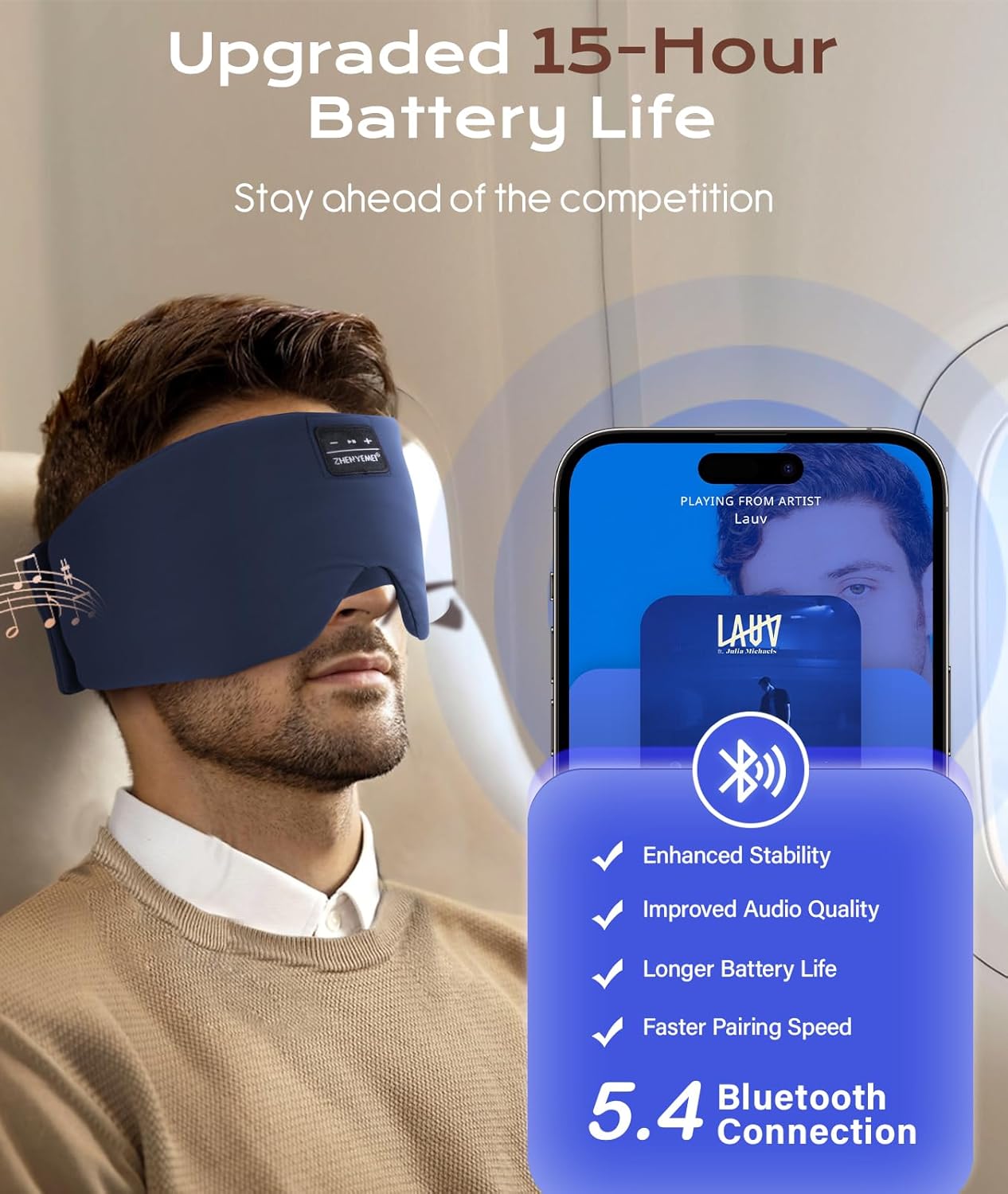 Image showing the sleep mask connected via Bluetooth to a smartphone, highlighting Bluetooth 5.4 connection benefits.