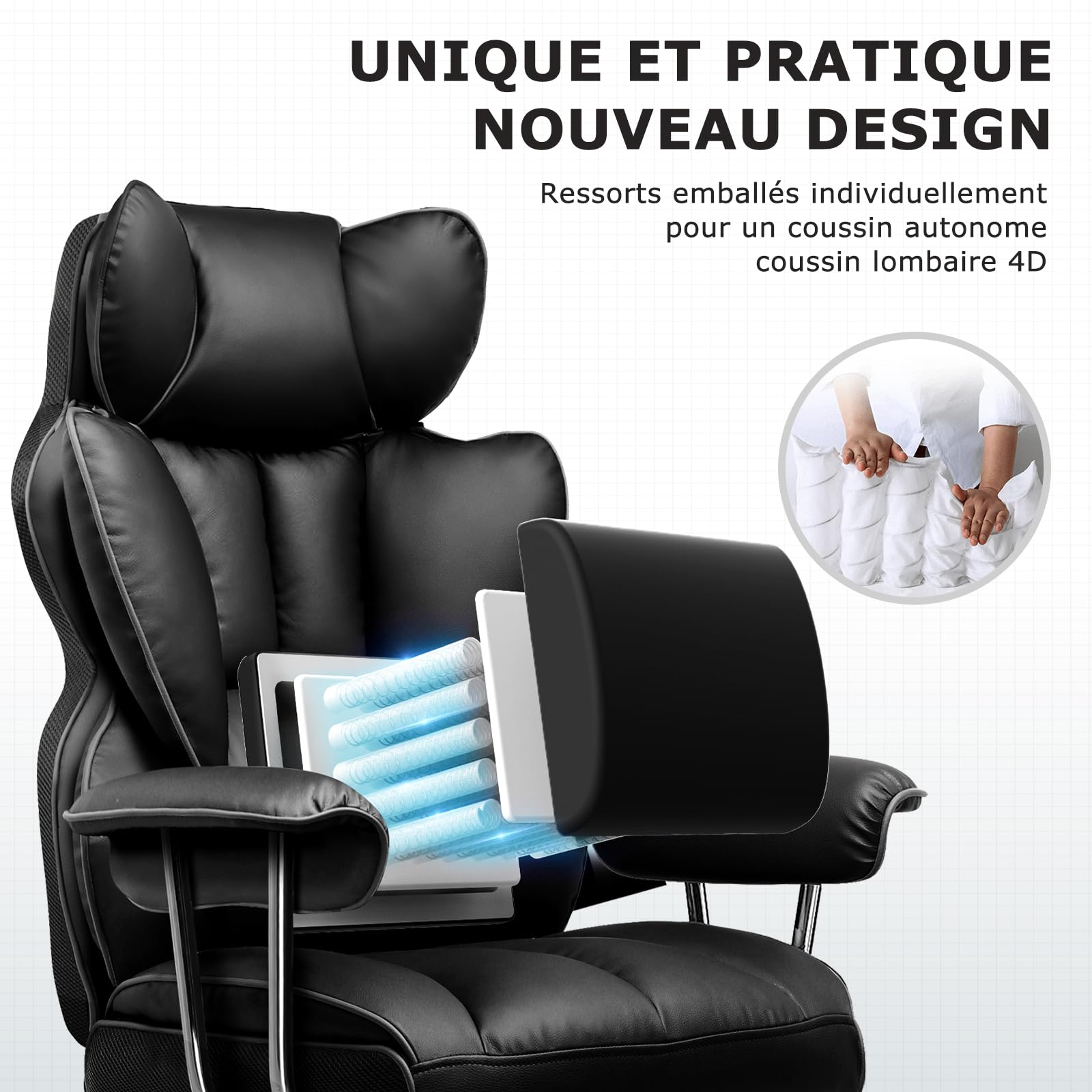 GTPLAYER Chaise Gaming, Fauteuil Gaming Ergonomique, Siège Réglable, Repose-Pieds Télescopique, pivotante, Supporte 180 kg, Noir