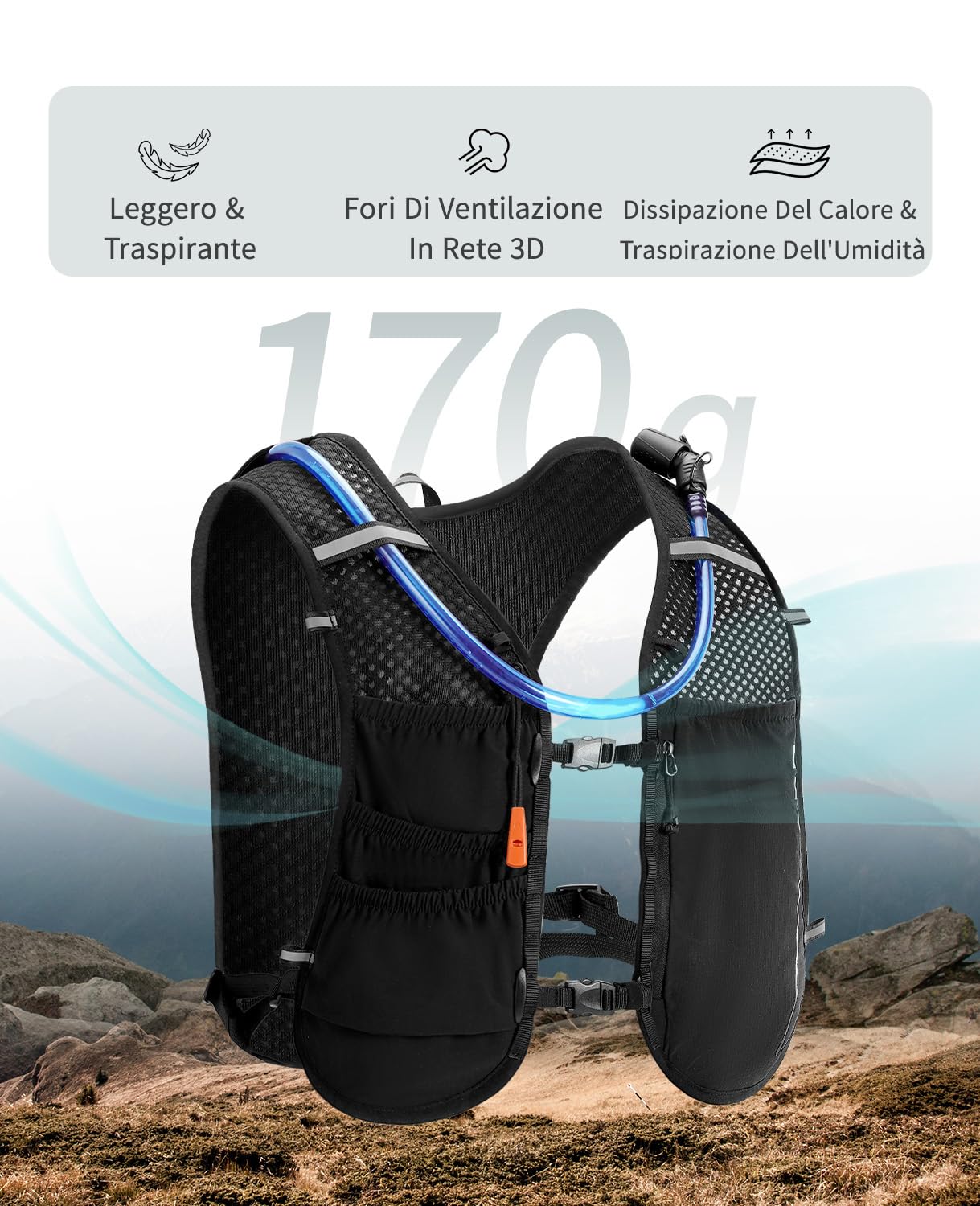 ECOHUB Zaino Trail Running Anti-Rimbalzo con Sacca Idrica 2L, Gilet Running Leggero e Traspirante con 6 Tasche, Zaino Idratazione Regolabili per Uomo, Donna, Corsa, Maratona, Ciclismo, MTB, Trekking