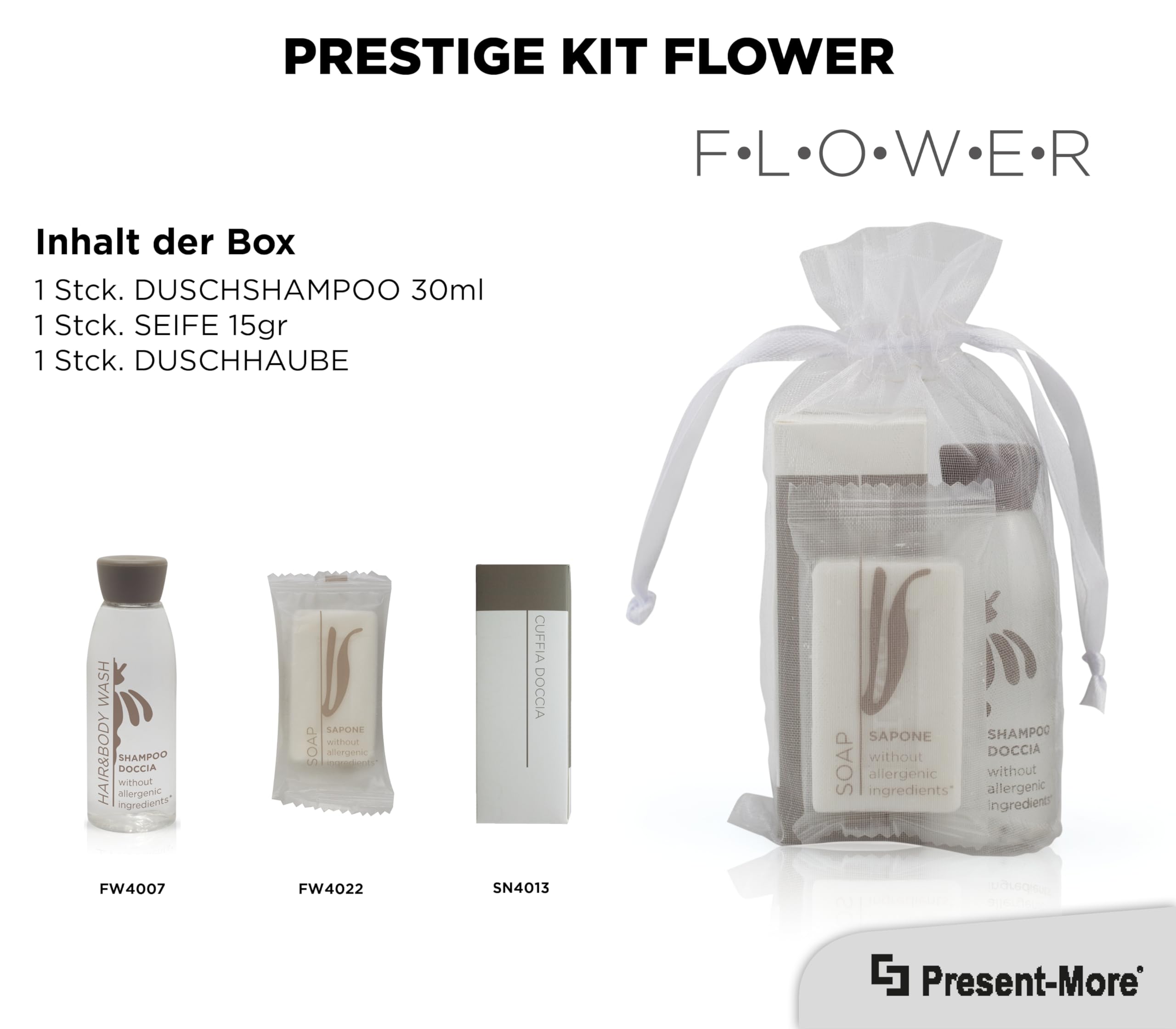 Present-More Amenities Kit Flower - Prestige Kit Toilettenartikel 100 Gäste für Hotels und B&B | Allergenfreie Amenities Kit mit Duftnoten von weißer Tee
