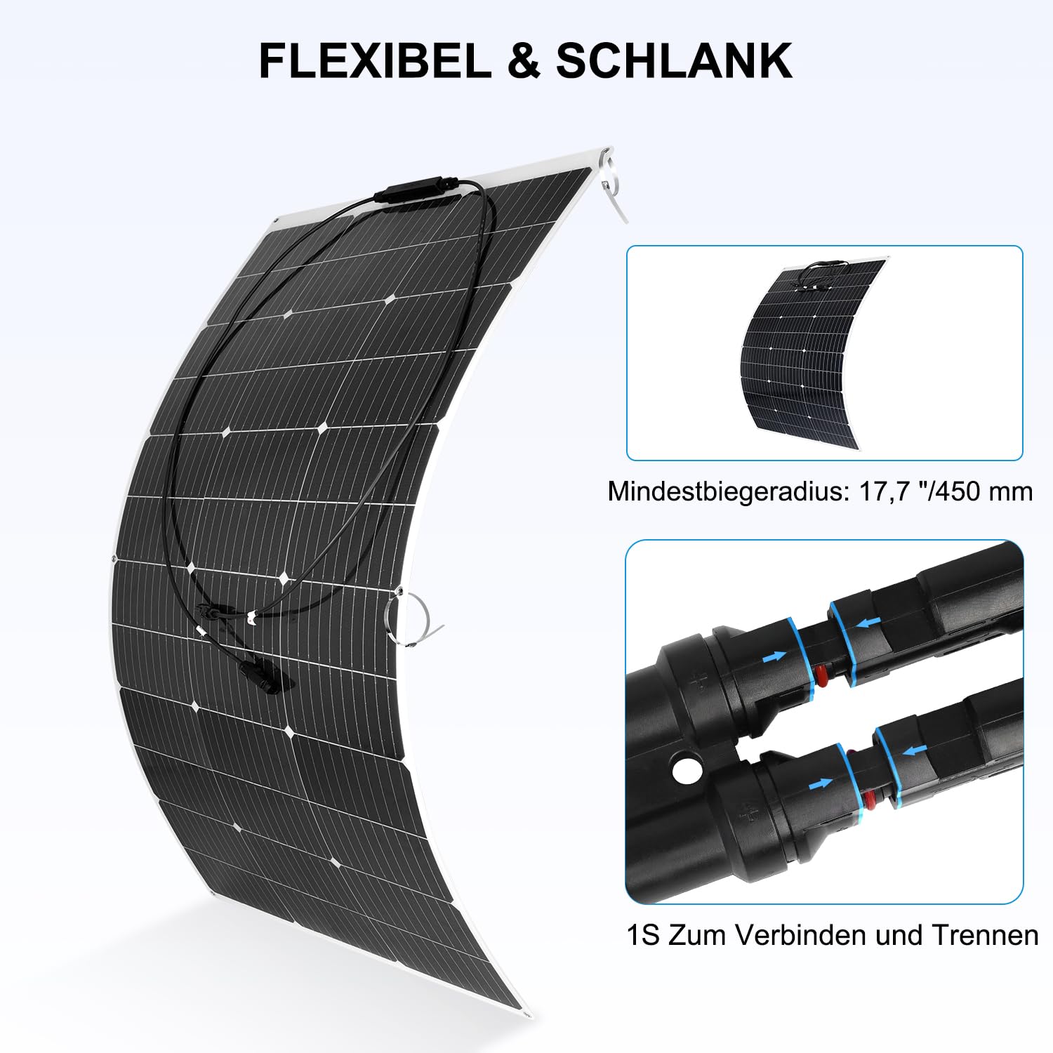 【Panneau Solaire Souple 120W Kit】DERUXI Panneau Solaire Flexible 12V 120W+Régulateur de Charge 30 A+4 Pcs Solaire Câble+6 Pcs Collier Serrage Inox, Panneau Solaires Set pour Camping-Car Bateau Balcon
