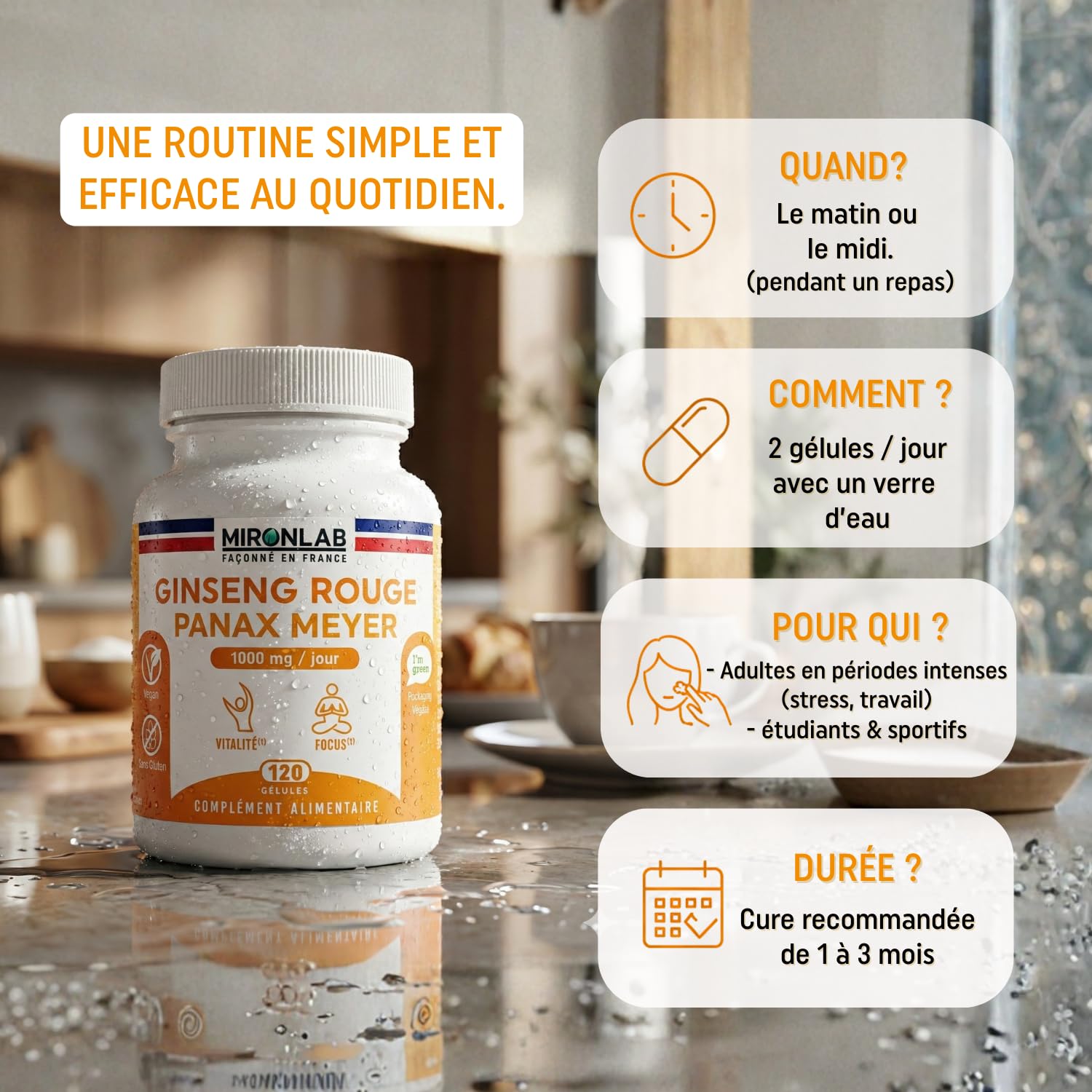 Ginseng Rouge de Corée - Racine - Haut Dosage 1000mg - Ginsénosides 12.5mg - 120 Gélules / 2 Mois - Extrait Naturel Panax Meyer - Anti Stress & Booster d’Energie - Laboratoire Français MIRONLAB