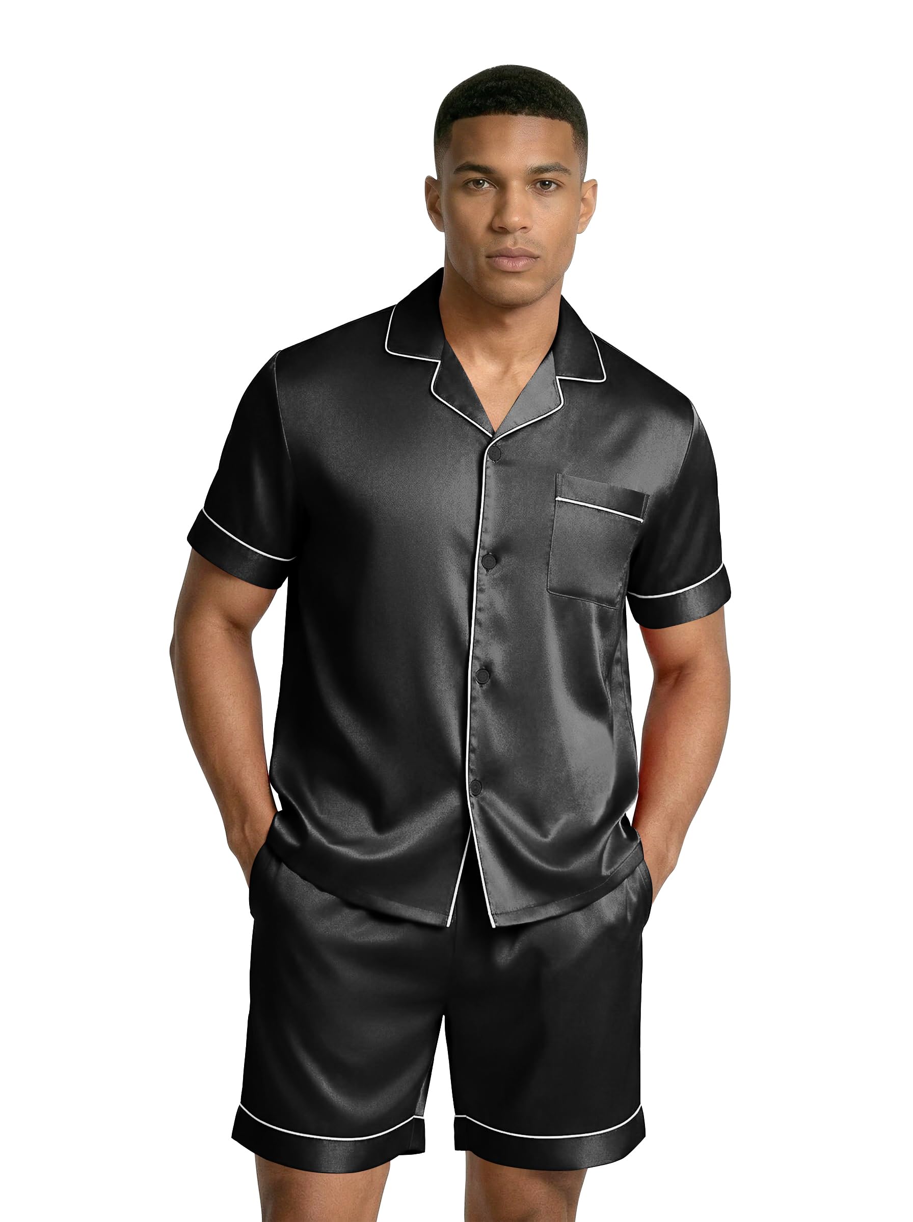 Close-up of the Ekouaer men's satin pajama shirt showing the button placket and fabric texture.