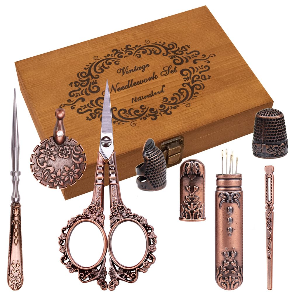 Juego de Tijeras para Bordar Plateadas, Herramientas de Costura de Acero Inoxidable de Alta Gama, dedal, punzón, Caja de Agujas para Coser, Manualidades, Costura